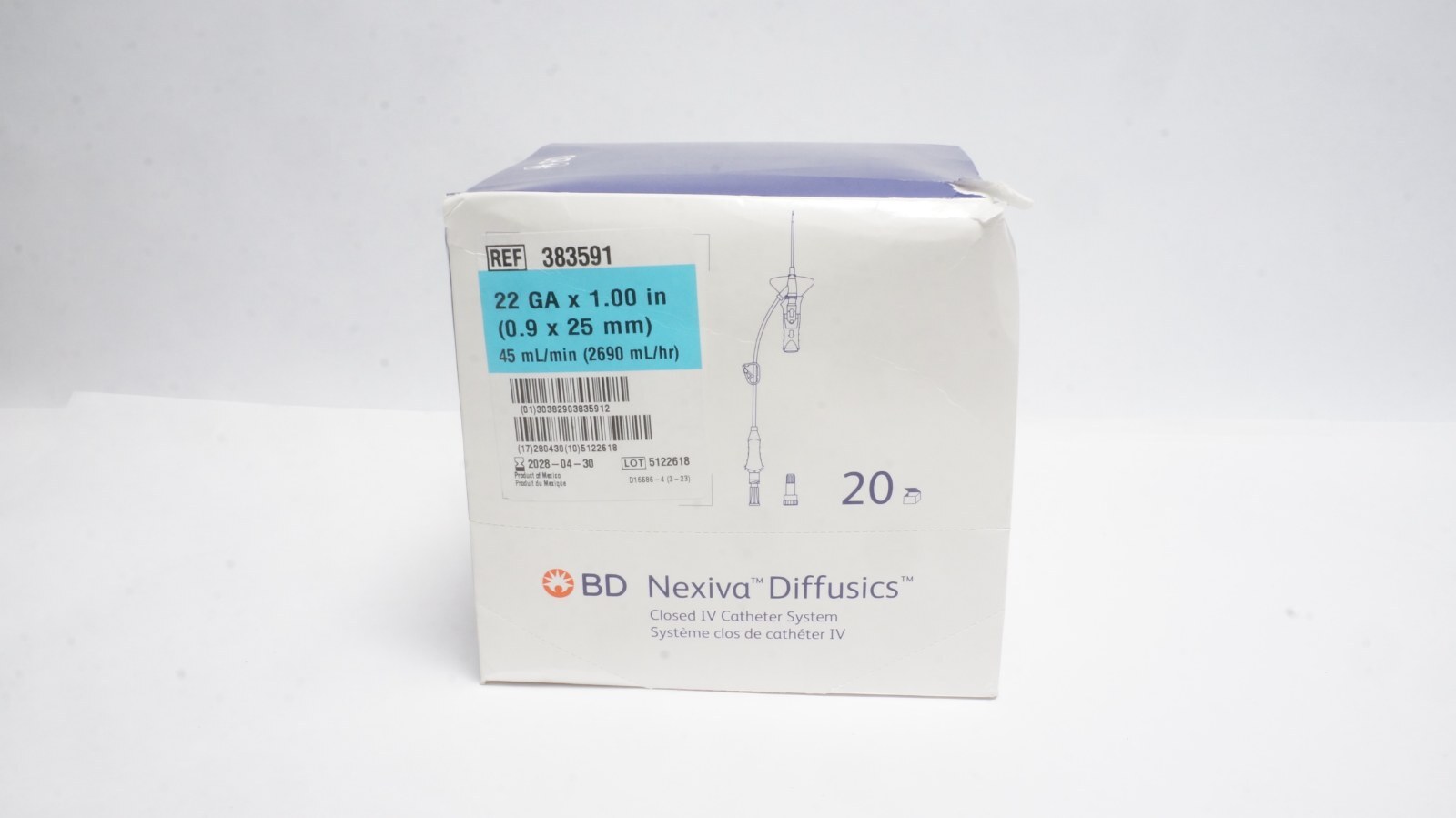 BD 383591 Nexiva Diffusics IV Catheter 22 GA x 1.00 in-box of 20