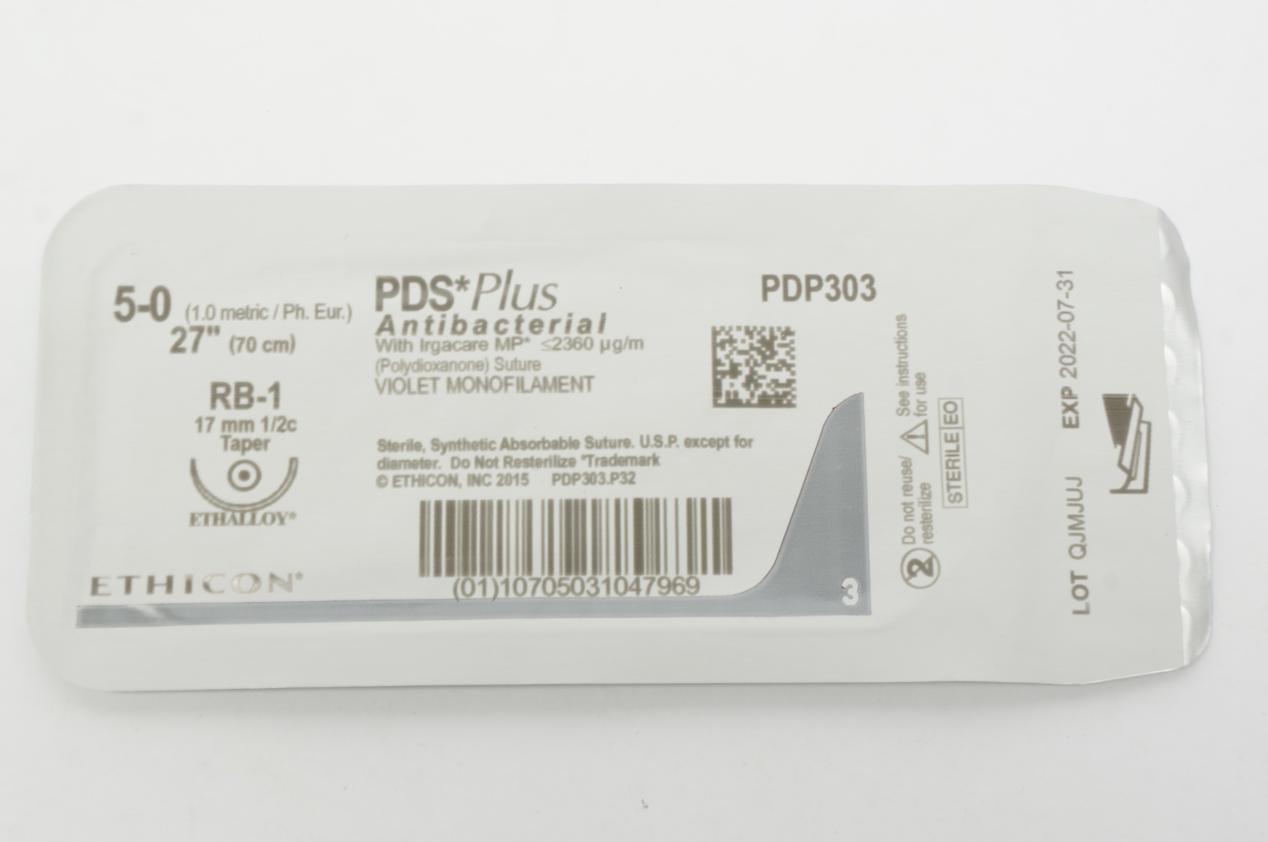 Ethicon PDP303 PDS Plus 5-0 Violet Monofilament RB-1, 17mm 1/2c Taper, 27inch(x)