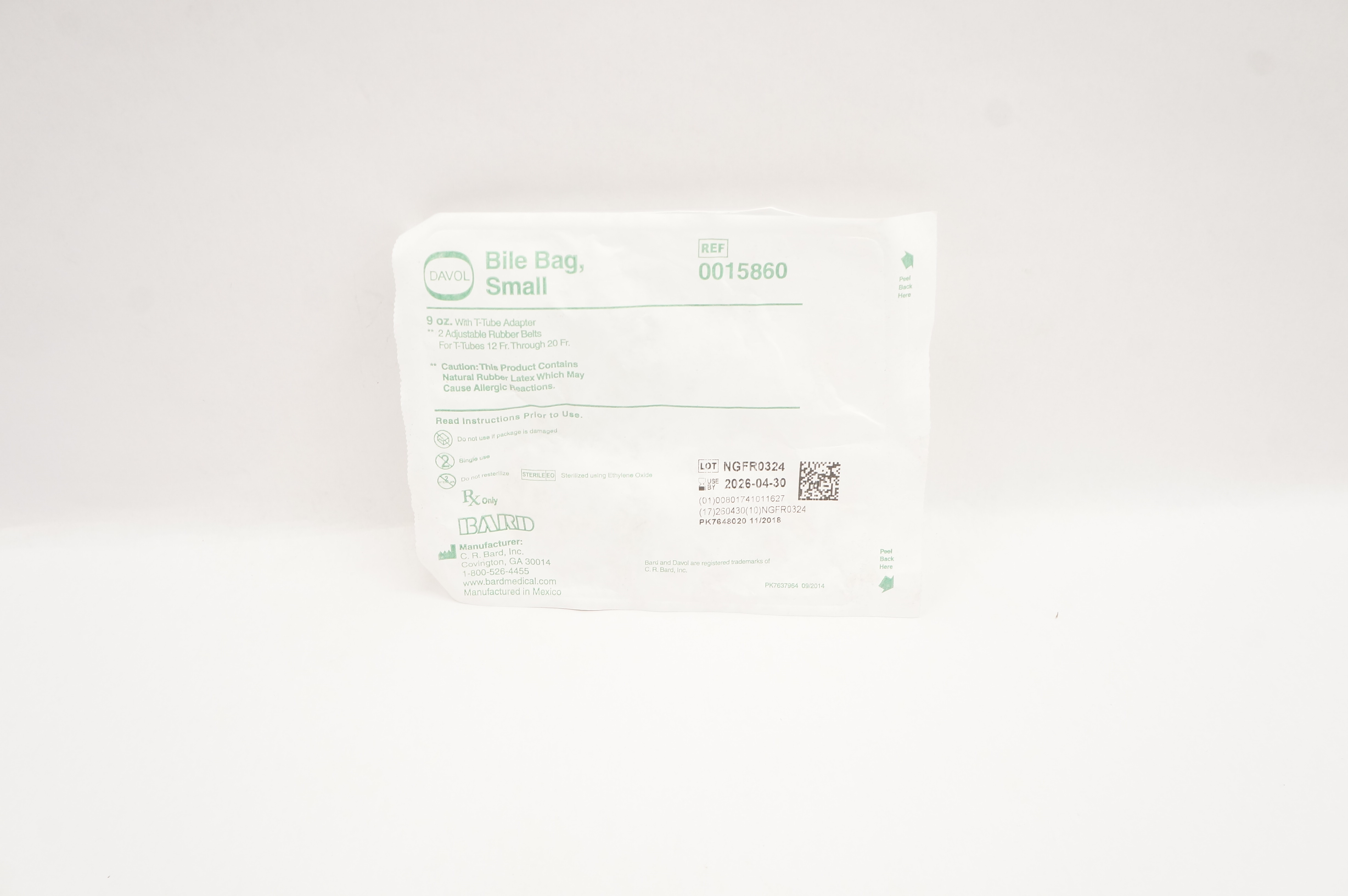 Bard 0015860 Davol Bile Bag Small 9oz with T-Tube Adapter