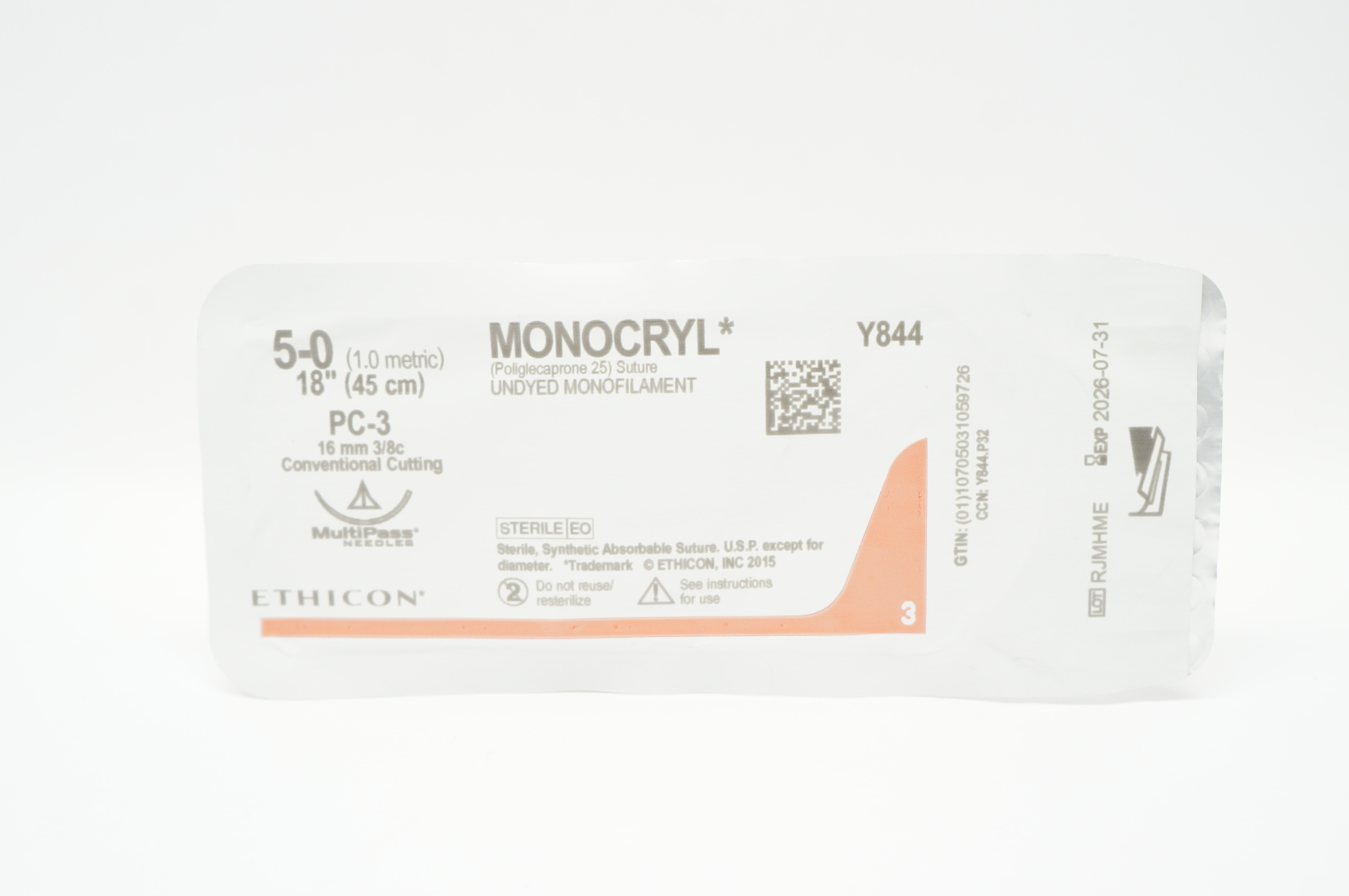 Ethicon Y844 5-0 MONOCRYL Stre PC-3 16mm 3/8c Conventional Cutting 18inch