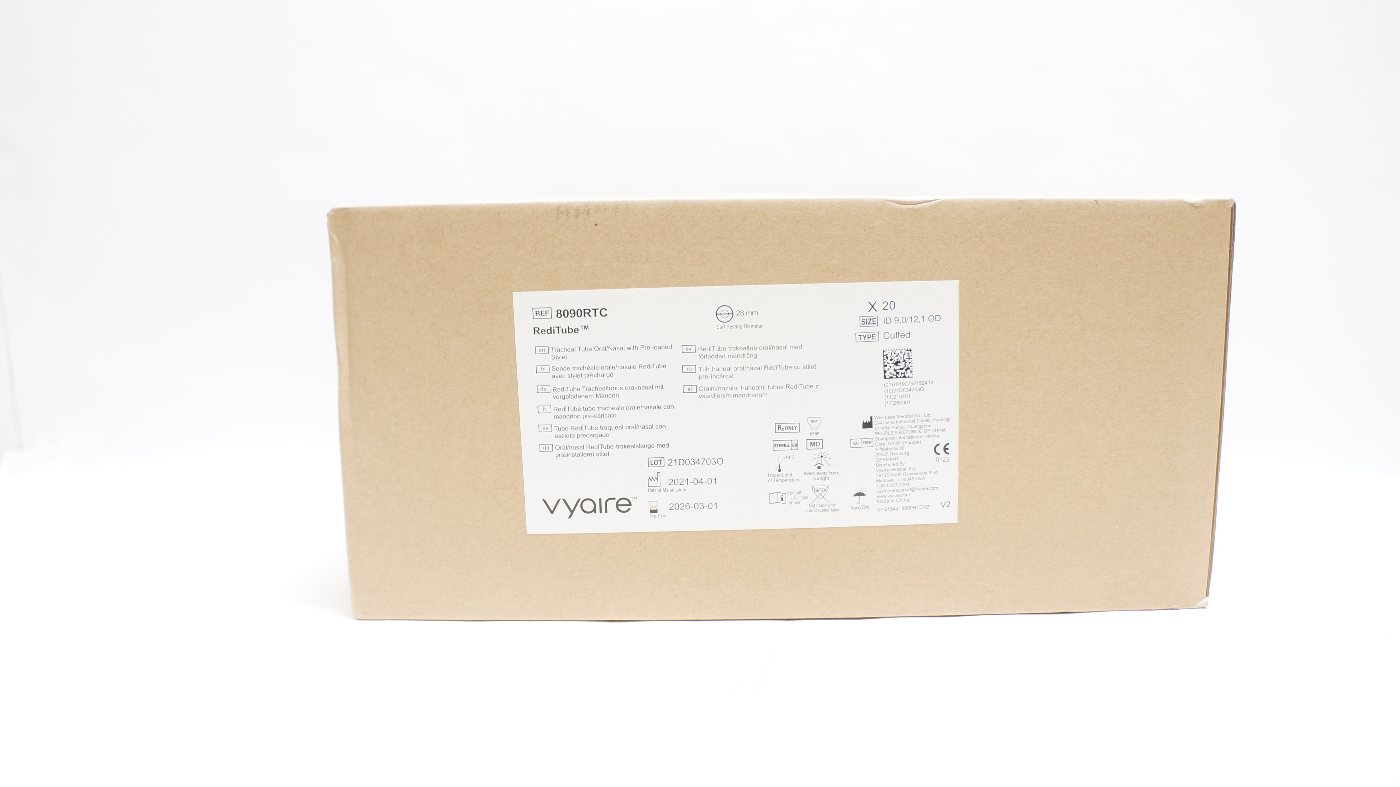 Vyaire 8090RTC RediTube Tracheal Tube Oral/Nasal w/ Preloaded Stylet - Box of 20