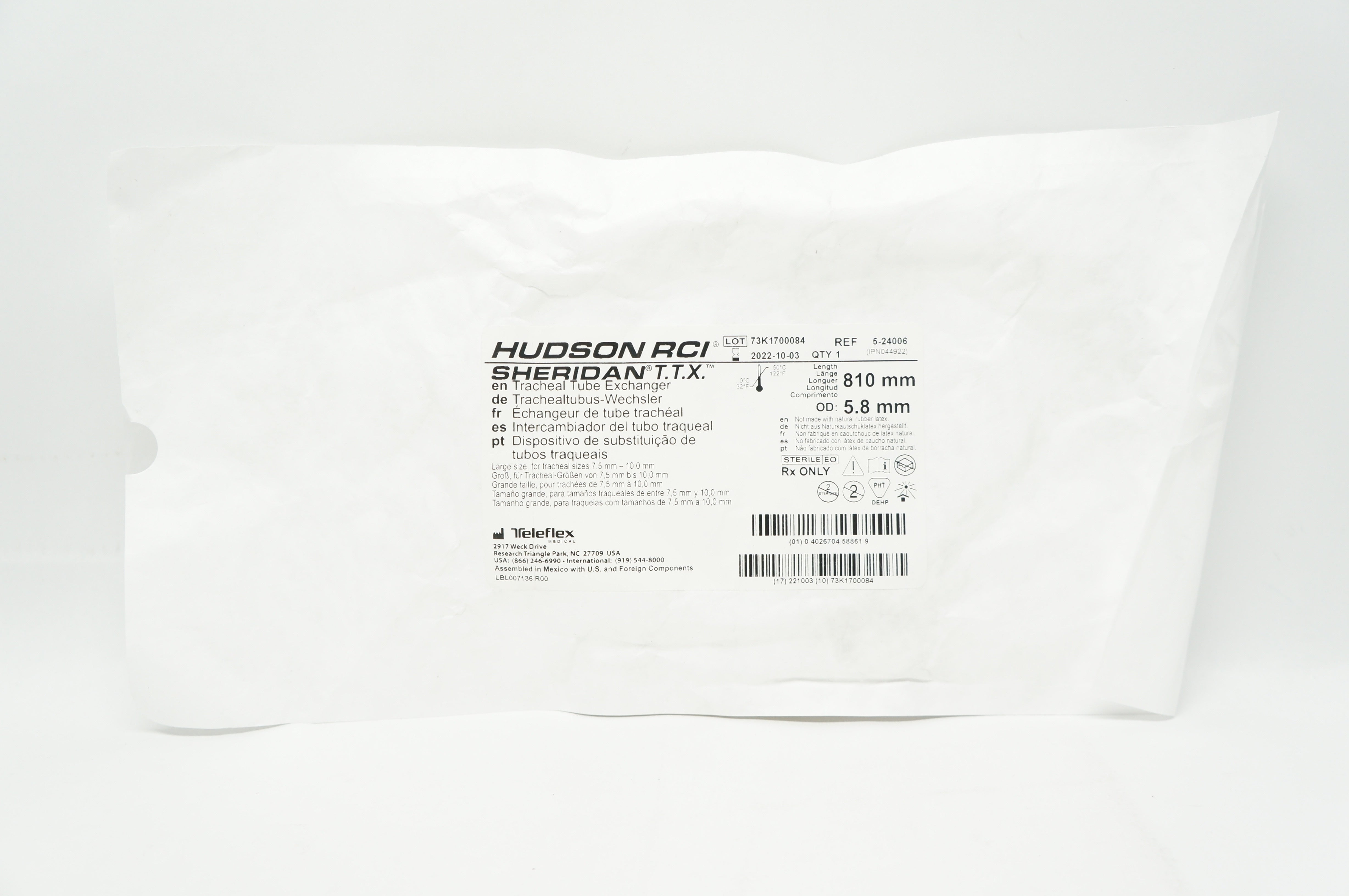 Teleflex 5-24006 Hudson RCI Sheridan Tracheal Tube Exchanger 810mm x 5.8mm OD