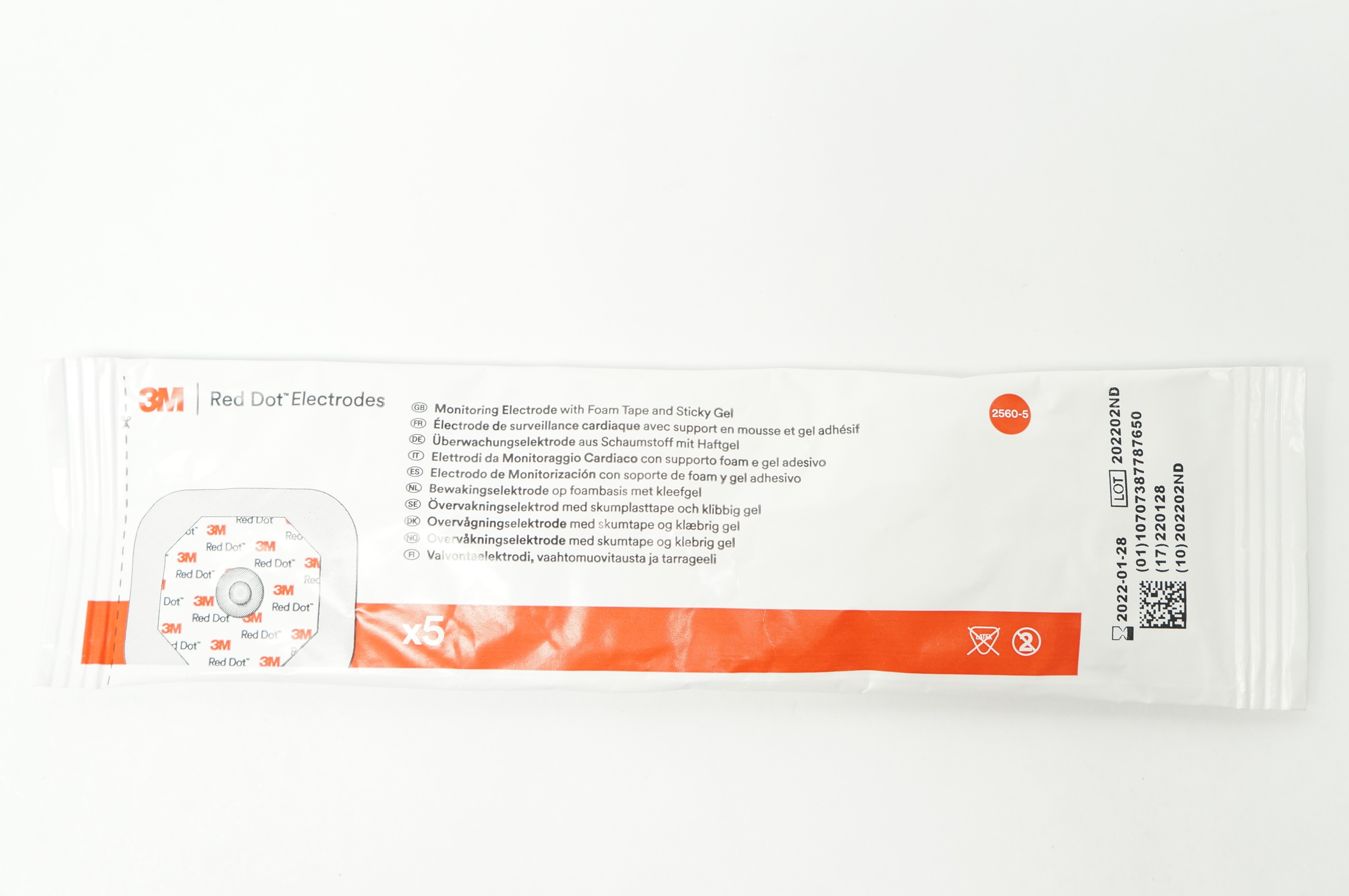 3M 2560-5 Red dot Monitoring Electrode with Foam Tape and Sticky Gel - Pack of 5