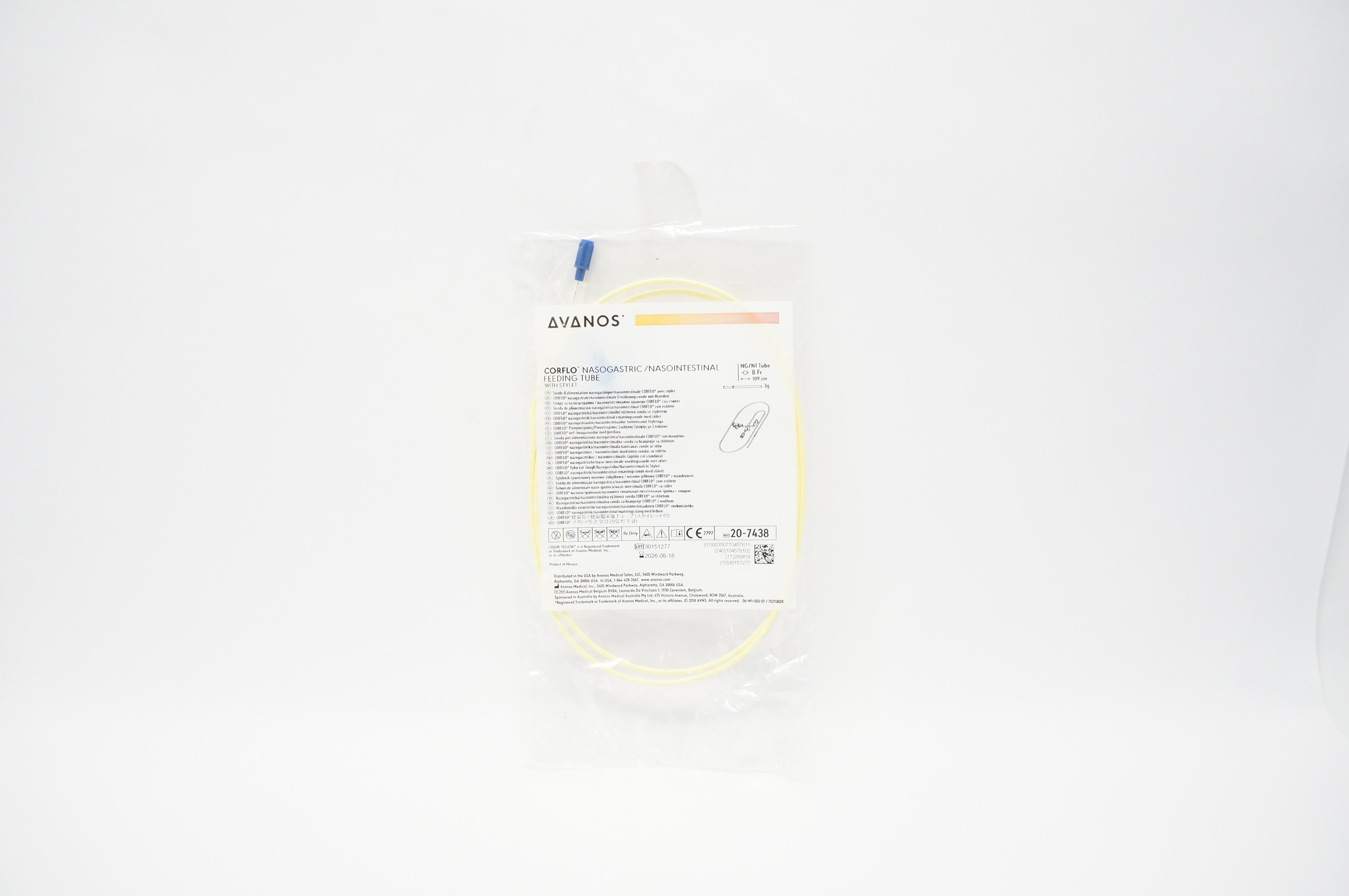 Avanos 20-7438 CORFLO Nasogastric/Nasointestinal Feeding Tube 8Fr x 109cm
