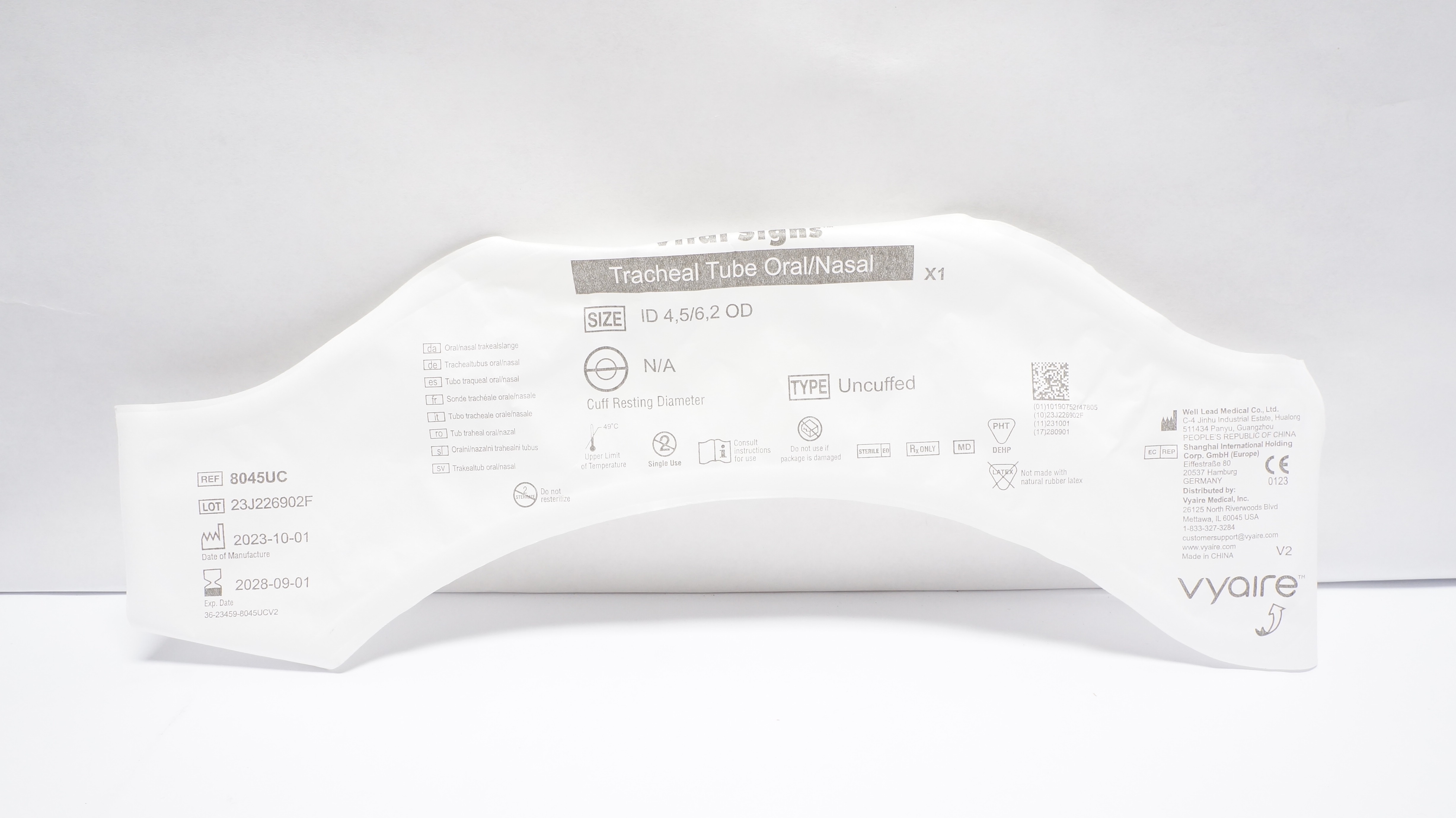 Well Lead Medical 8045UC Vital Signs Tracheal Tube Oral/Nasal,4.5 x 6.2