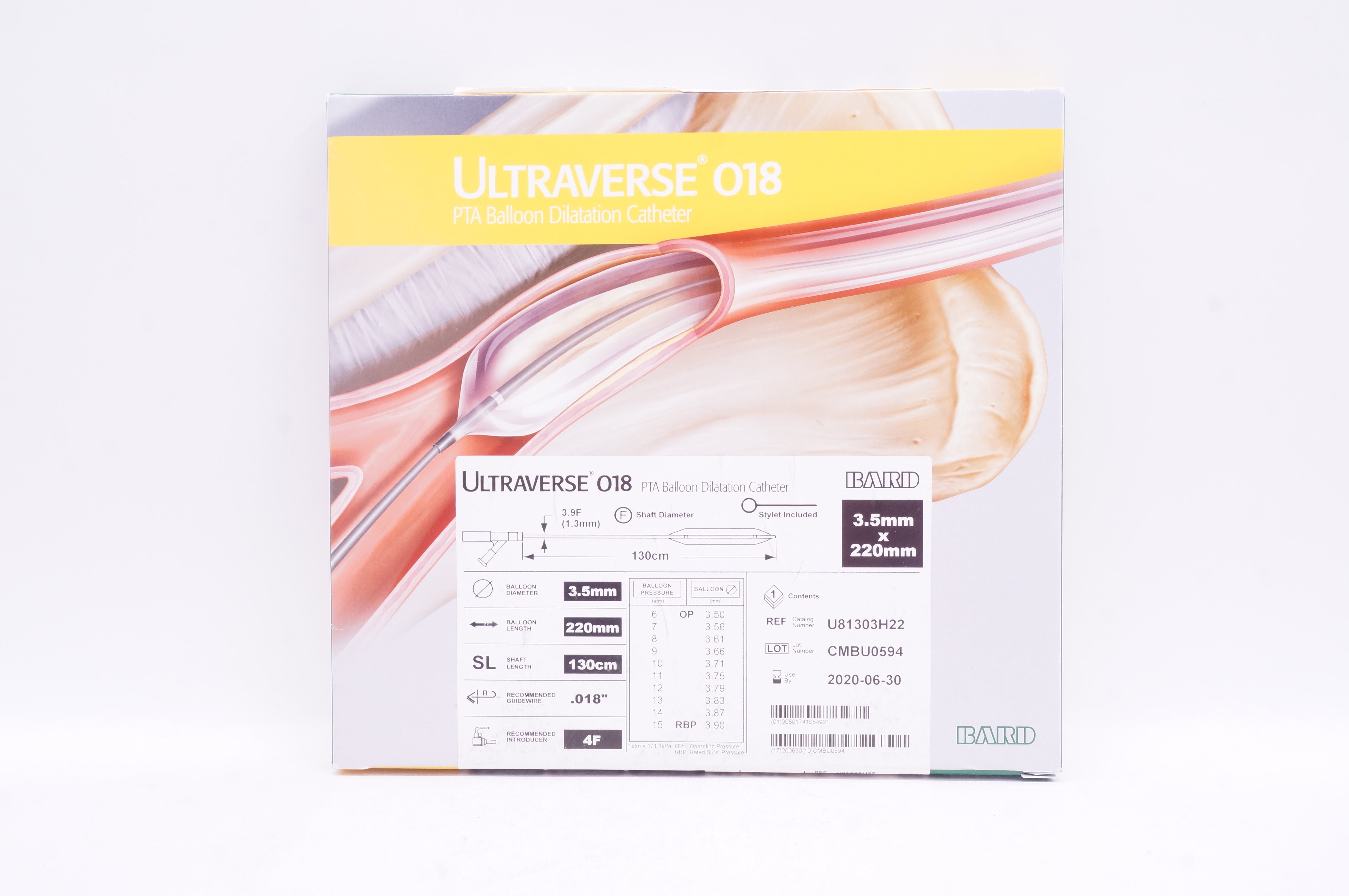 Bard U81303H22 Ultraverse 018 PTA Balloon Dilatation Catheter 3.5mm x 220mm (x)