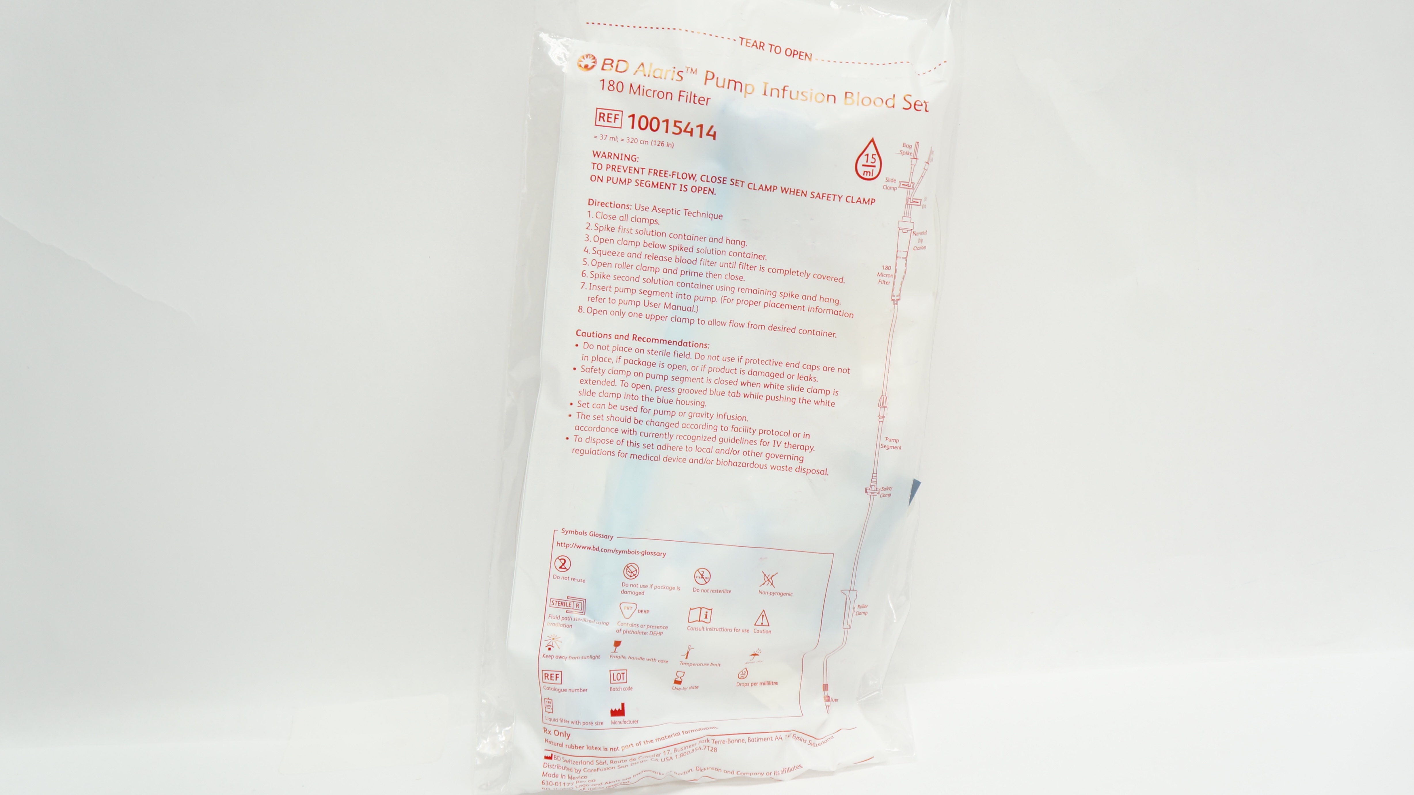 BD 10015414 Alaris Pump Infusion Blood Set 180 Micron Filter 37ml x 126inch 15mL