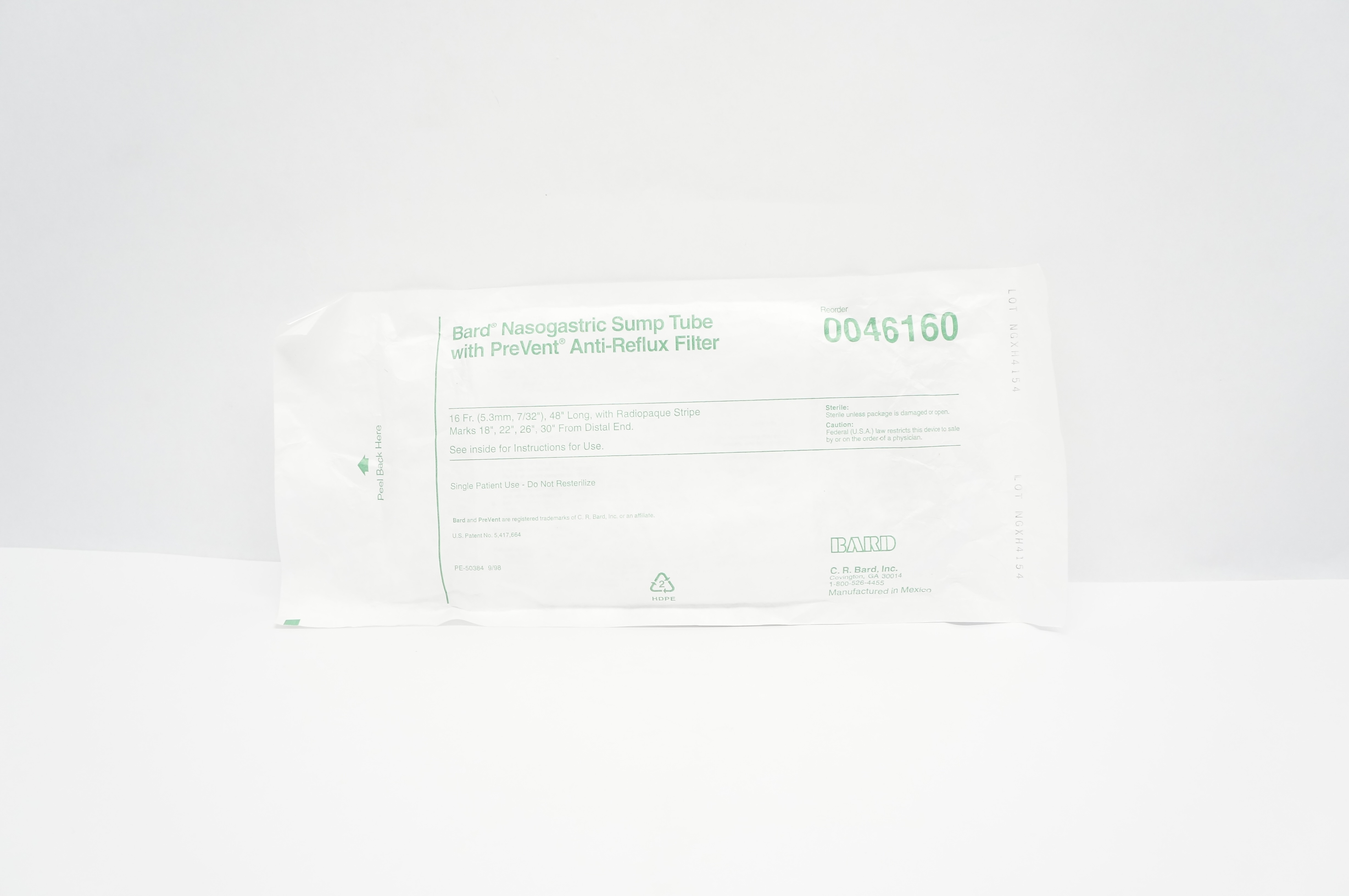 Bard 0046160 Nasogastric Sump Tube w/PreVent Anti-Reflux Filter 16Fr x 48 inch