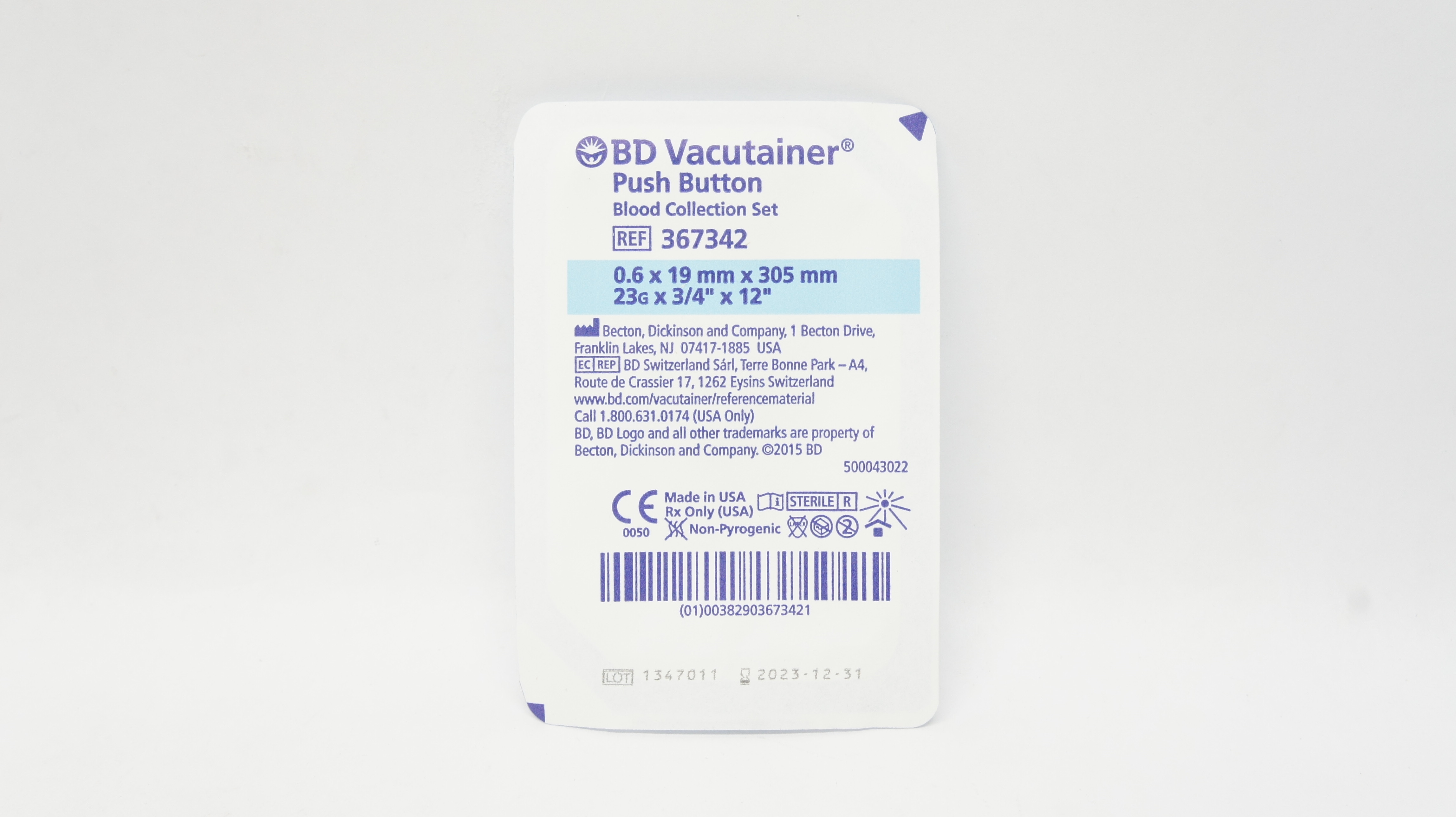 BD 367342 Vacutainer Push Button Blood Collection Set 23G x 3/4inch x 12inch