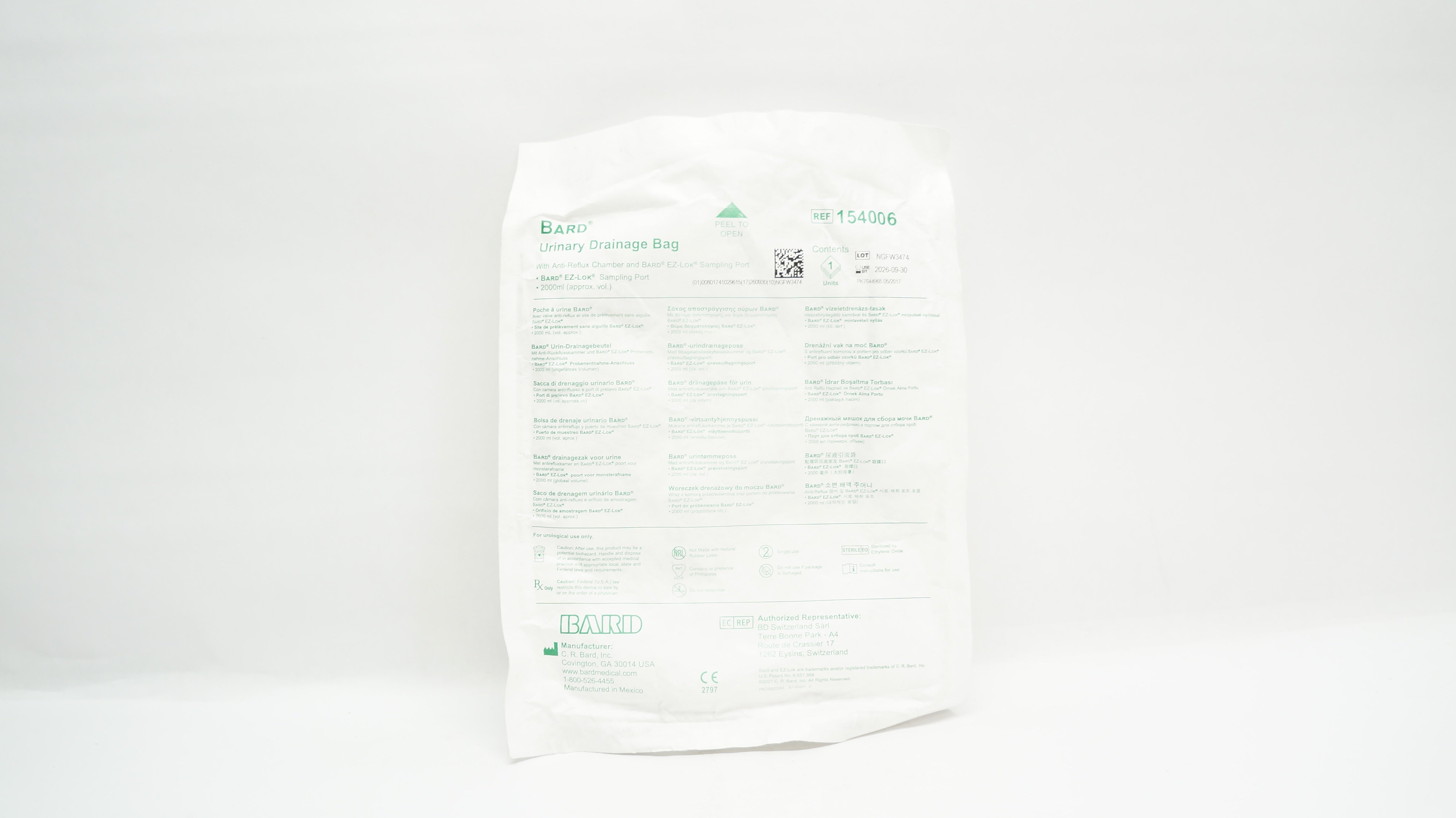 Bard 154006 Urinary Drainage Bag with Anti-Reflux Chamber 2000mL
