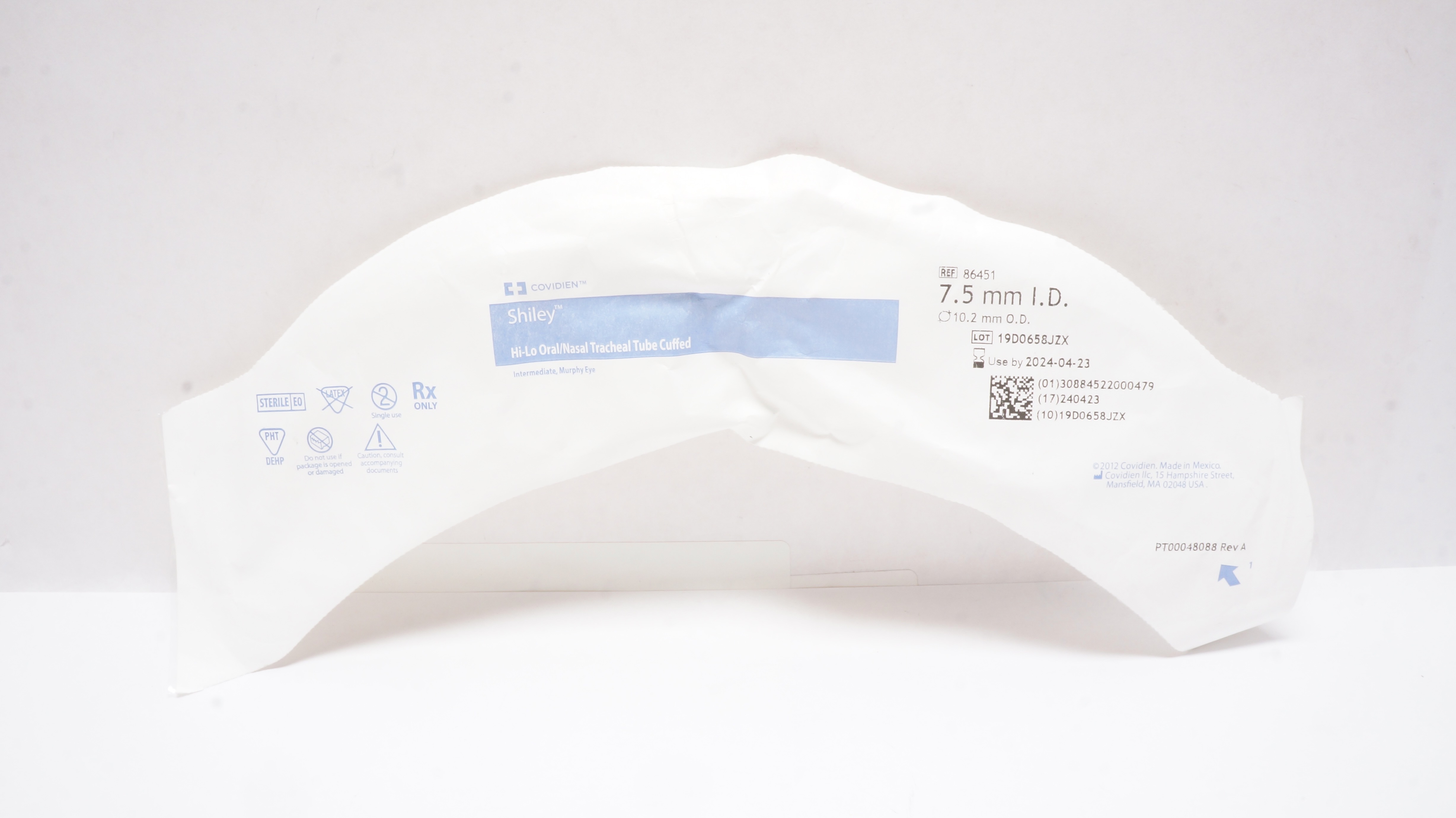 Covidien 86451 Shiley Hi-Lo Oral/Nasal Tracheal Tube Cuffed 7.5mm ID x 10.2mm OD