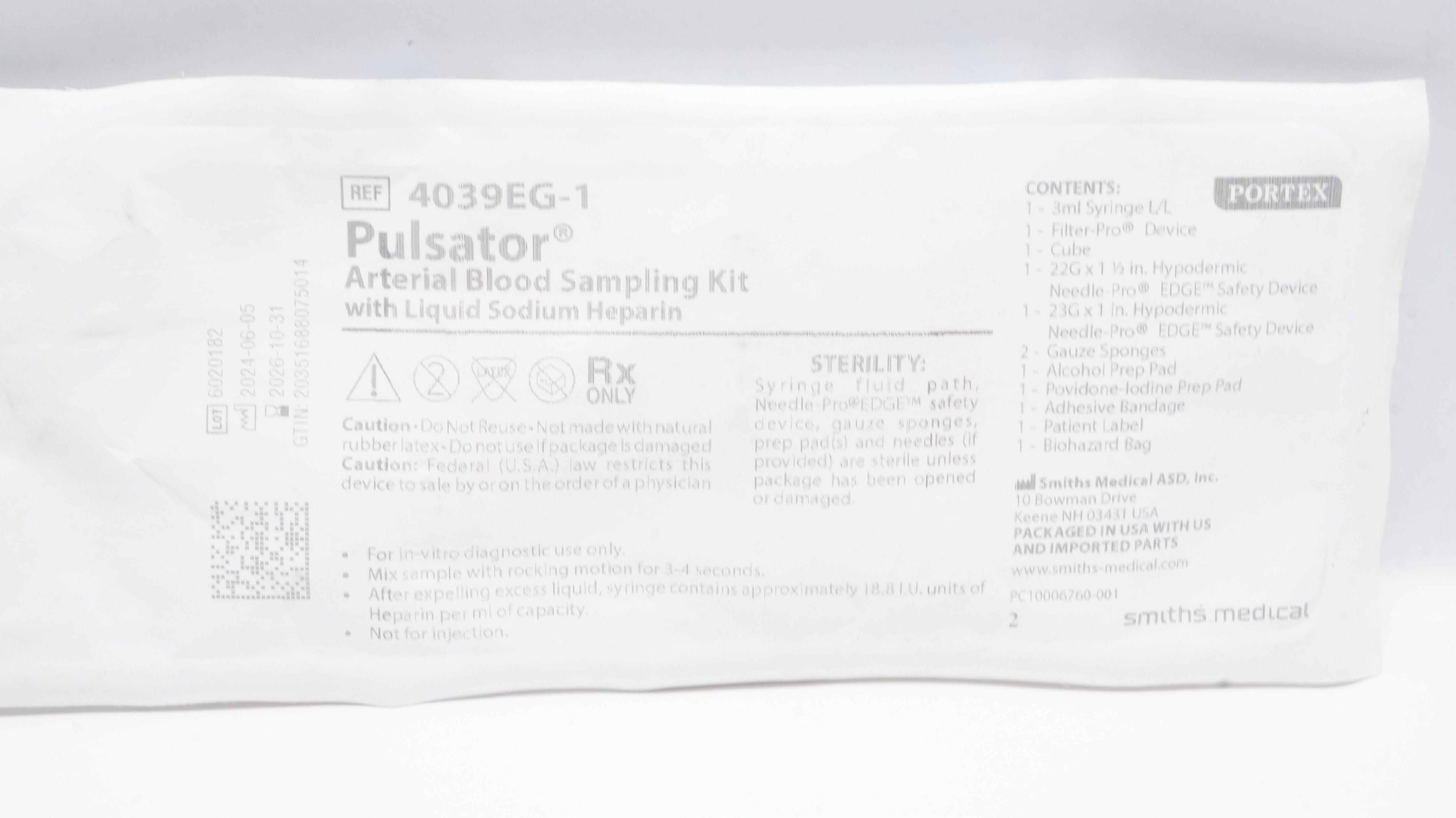 Smiths Medical 4039EG-1 Portex Pulsator Arterial Blood Sampling Kit