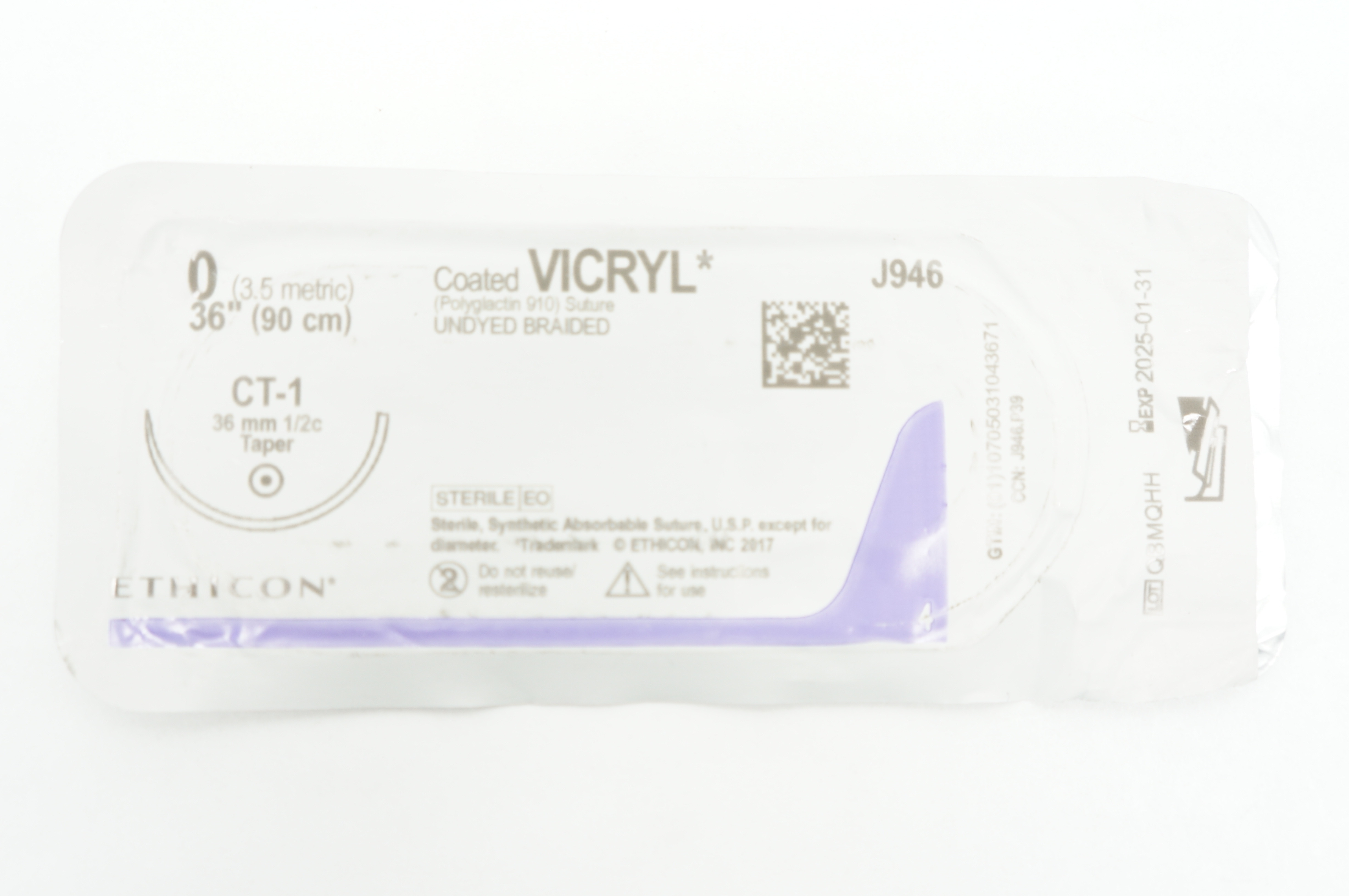 Ethicon J946 0 VICRYL CT-1 36mm 1/2c Taper 36inch