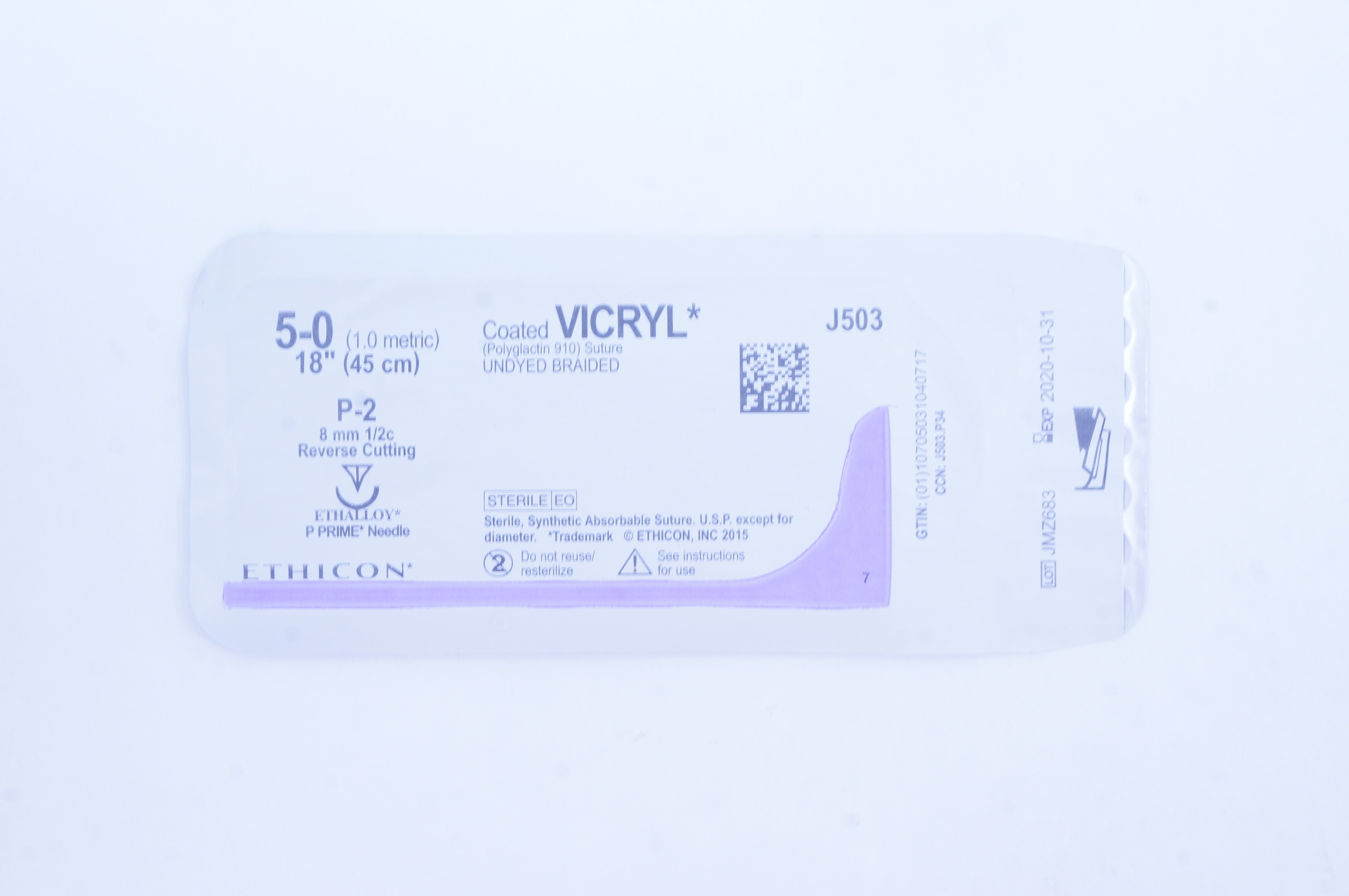 Ethicon J503 5-0 Coated VICRYL P-2 8mm 1/2c Reverse Cutting, 18inch (x)