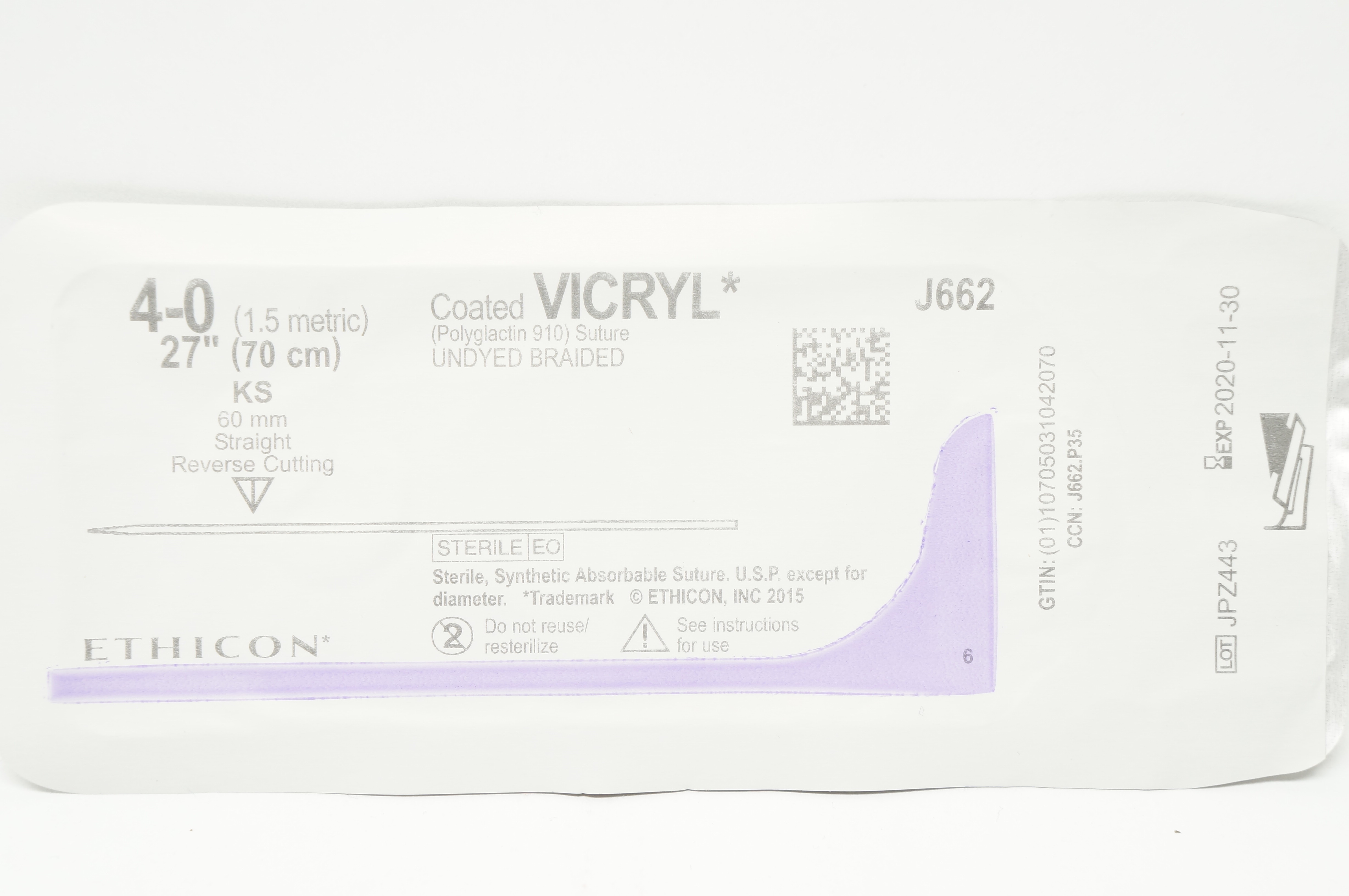 Ethicon J662 4-0 Coated VICRYL Stre KS 60mm Straight Reverse Cutting, 27inch (x)