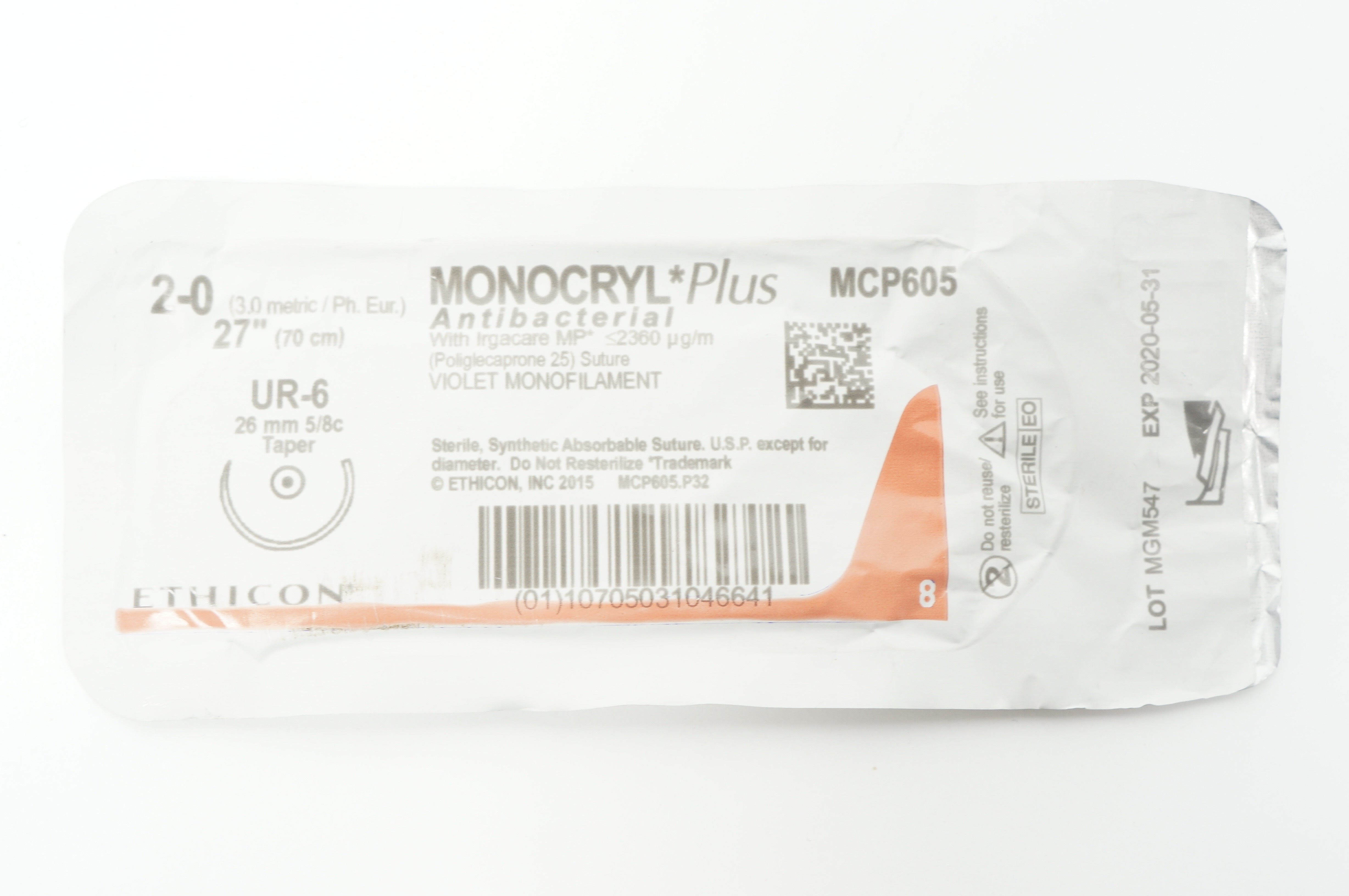 Ethicon MCP605 2-0 MONOCRYL Plus Antibacterial UR-6 26mm 5/8c Taper, 27inch (x)