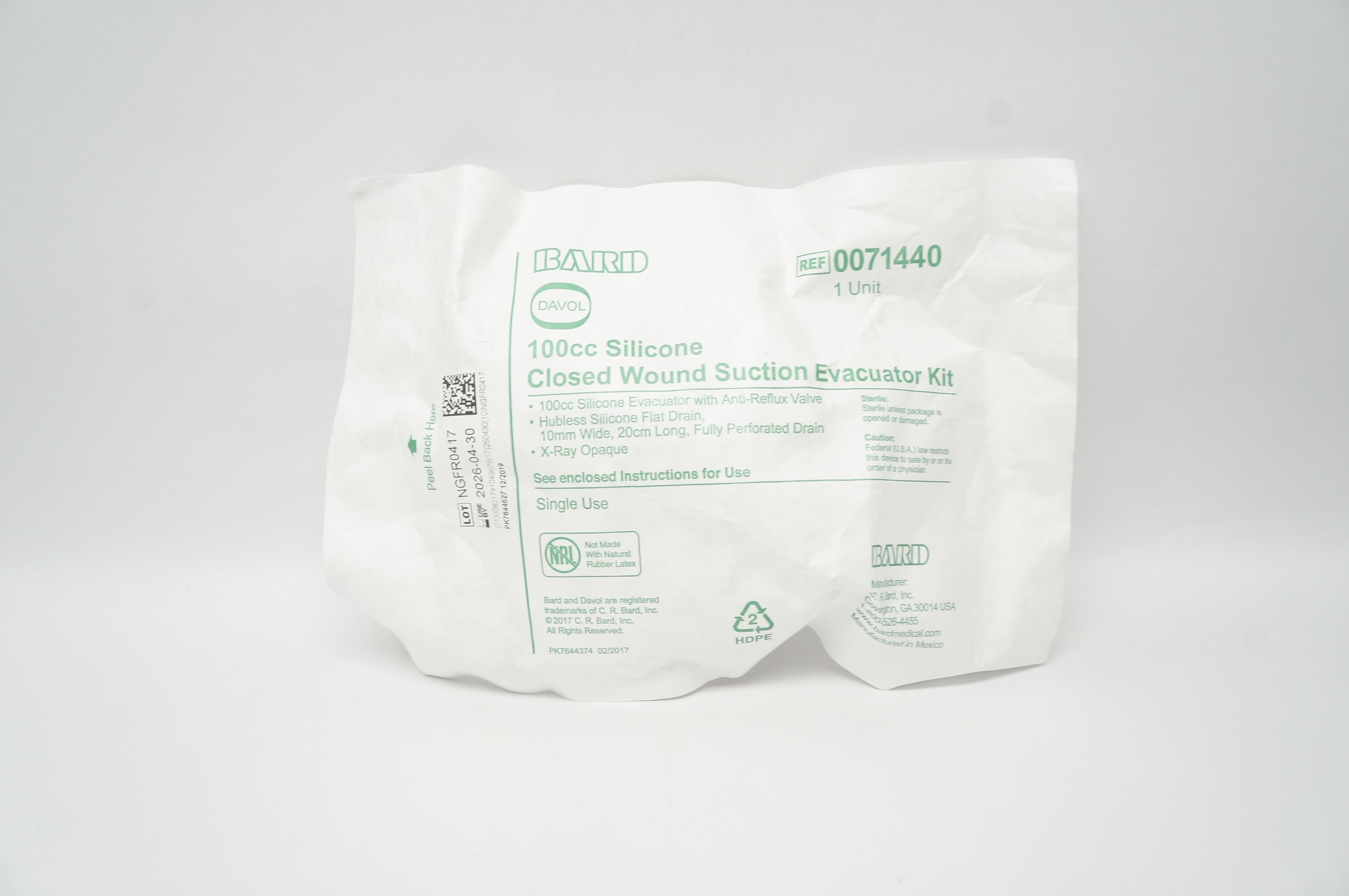 Bard 0071440 Davol 100cc Silicone Closed Wound Suction Evacuator Kit