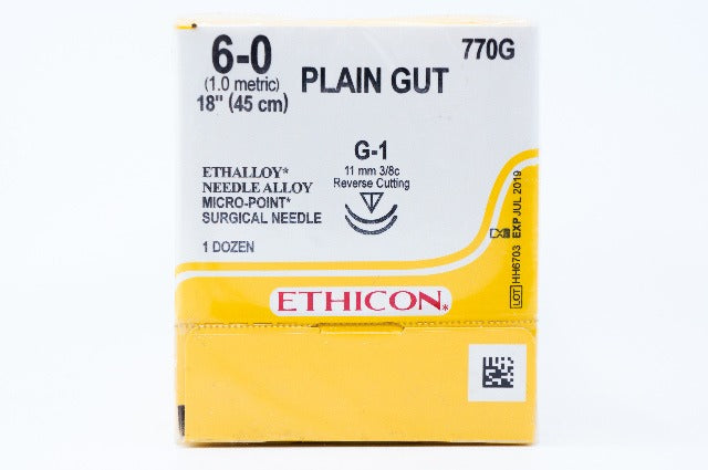 Ethicon 770G 6-0 PLAIN GUT, G-1, 11mm 3/8c, 18inch ~ Pack of 12