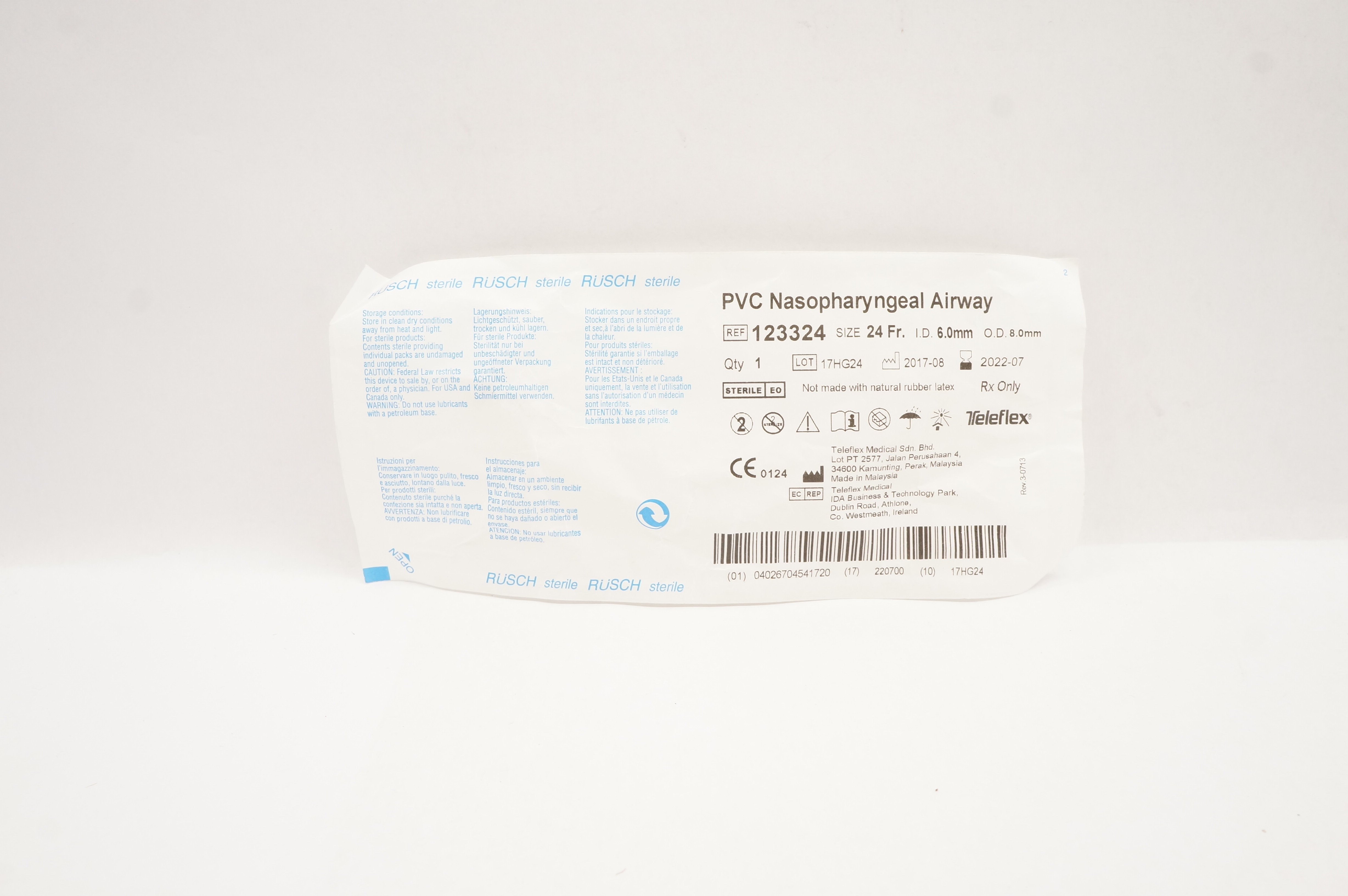 Teleflex 123324 Rusch PVC Nasopharyngeal Airway 24 Fr x 6.0mm ID x 8.0mm OD (x)