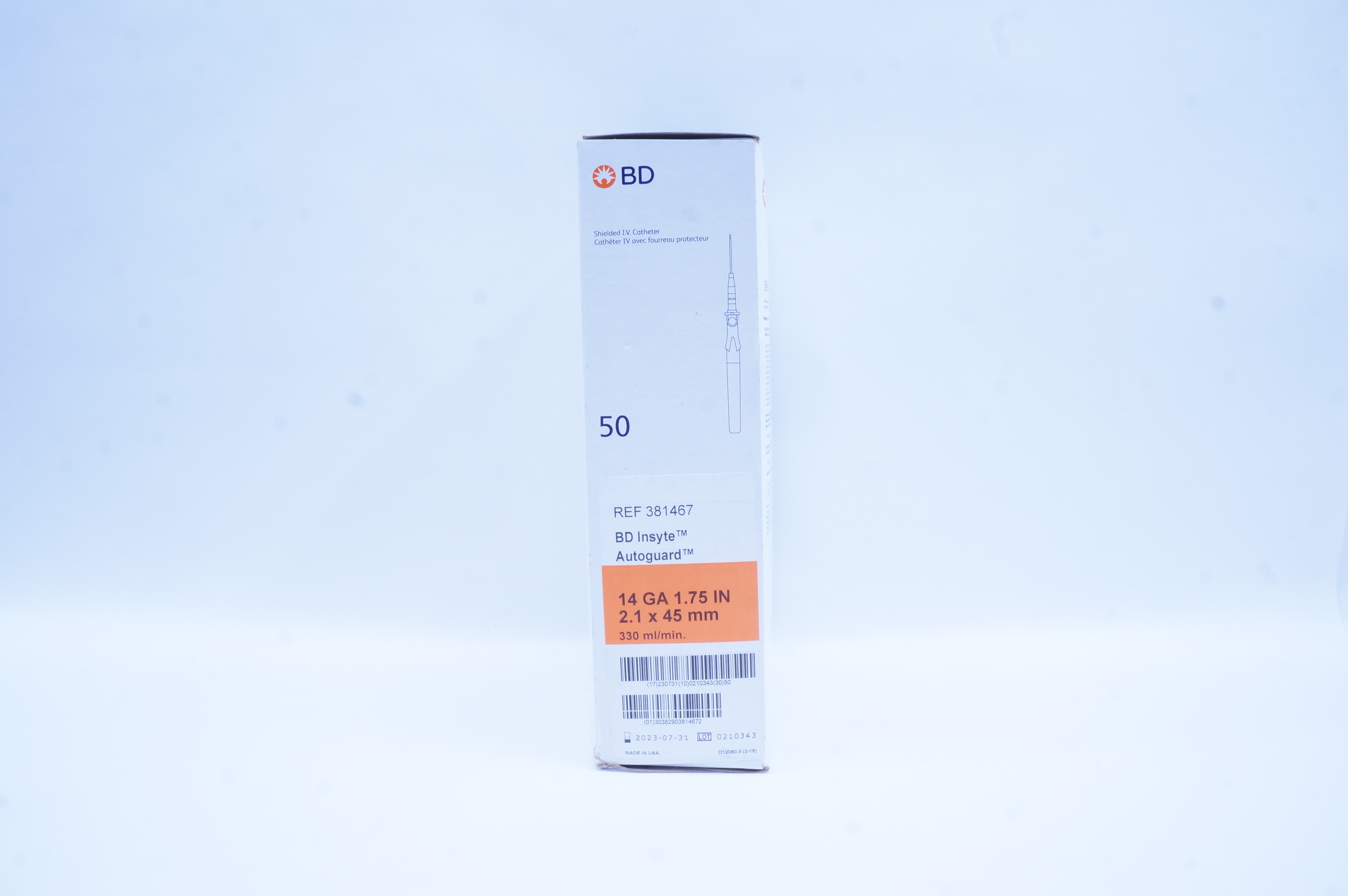 BD 381467 Insyte Autoguard Shielded I.V. Cath. 14GA x 1.75 inch - Box of 50