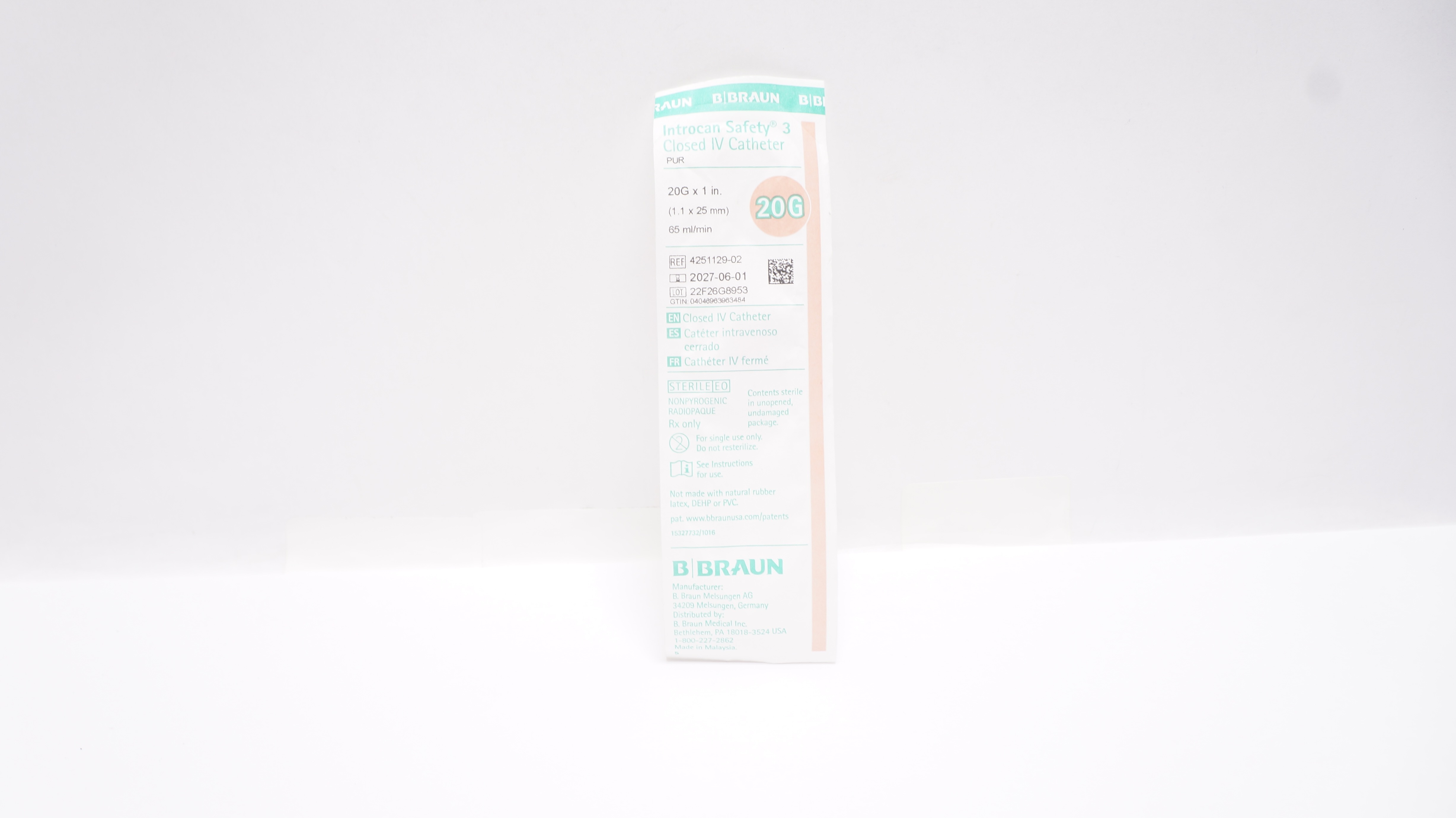 Braun 4251129-02 Introcan Safety 3 Closed IV Cath. 20G x 1 inch x 65ml/min