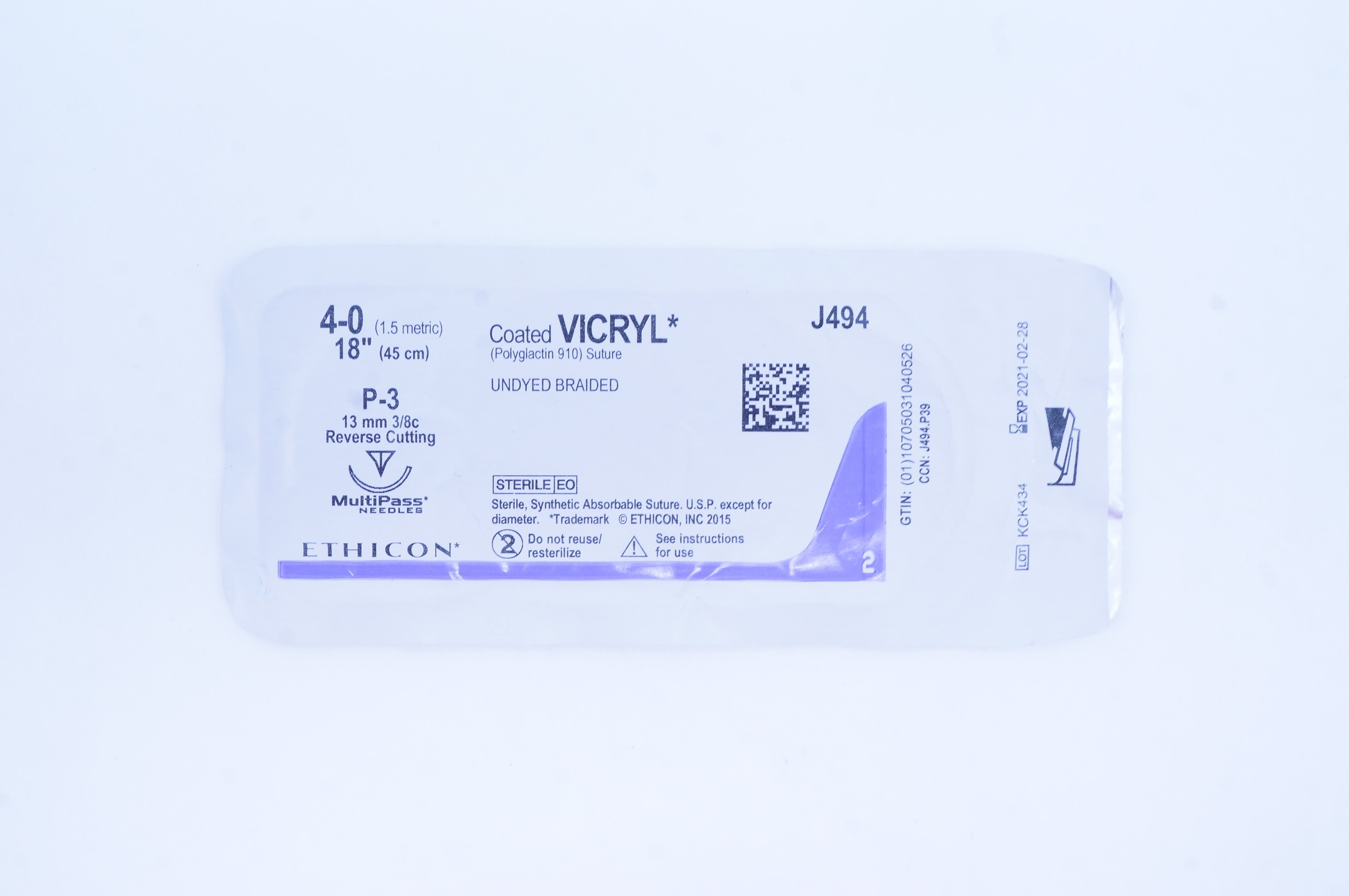 Ethicon J494 4-0 Coated VICRYL Stre P-3 13mm 3/8c Reverse Cutting, 18inch (x)