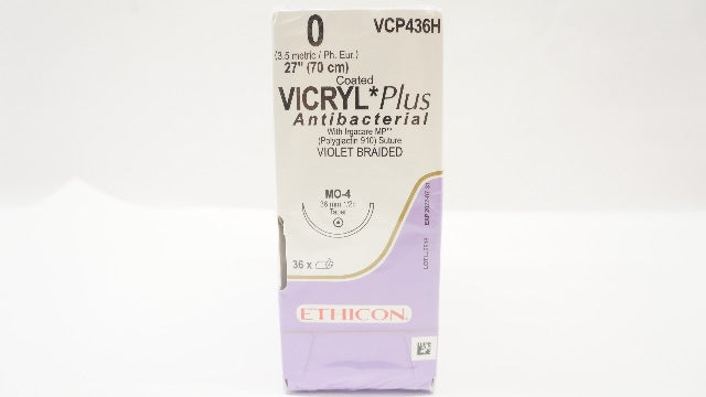 Ethicon VCP436H 0 VICRYL Plus, MO-4, 36mm 1/2c Taper, 27inch (x) - Box of 36