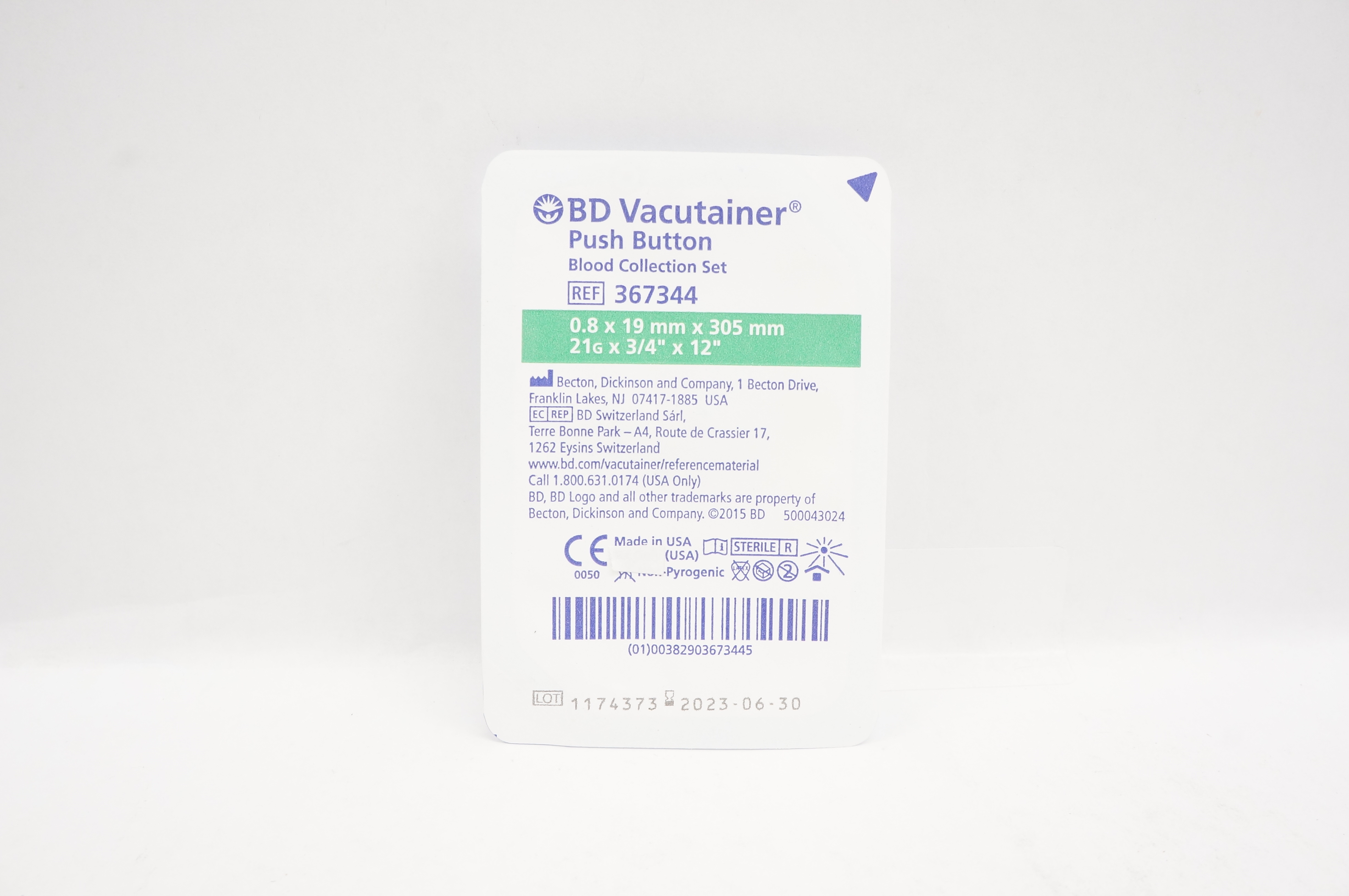 BD 367344 Vacutainer Push Button Blood Collection Set 21G x 3/4inch x 12inch (x)