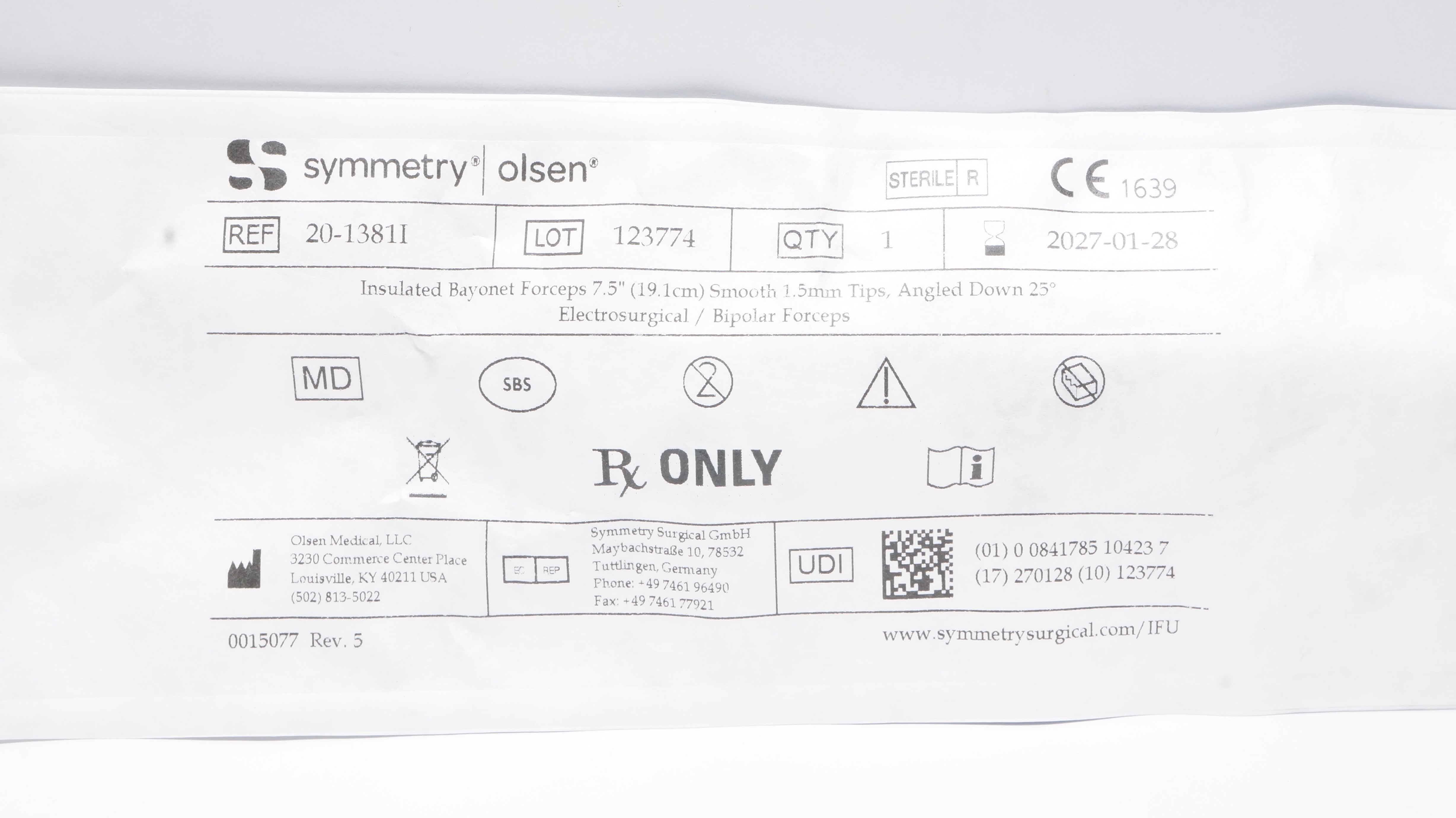 Olsen Medical 20-13811 Symmetry Insulated Rayonet Forceps 7.5inch 1.5mm Tips