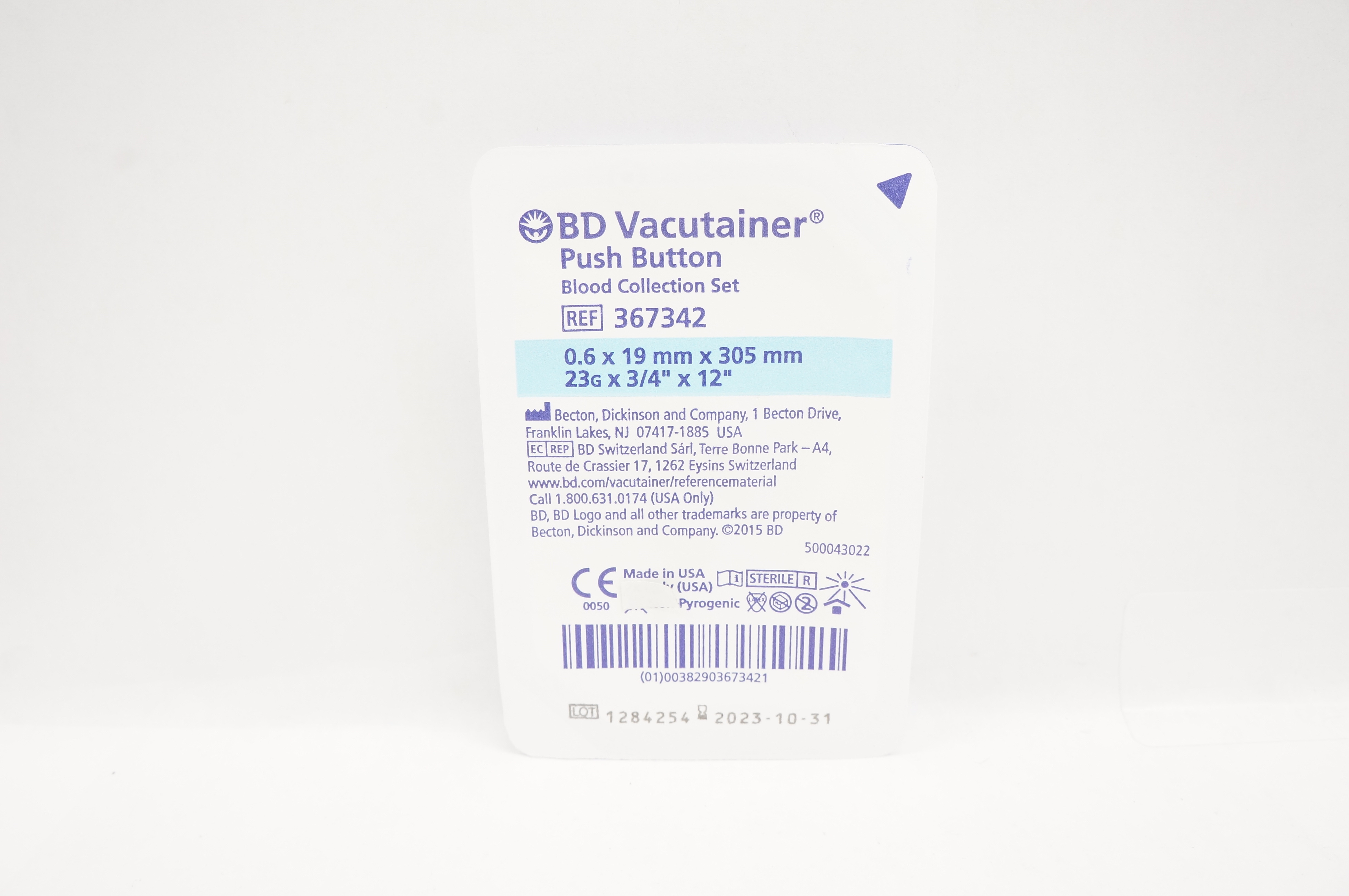 BD 367342 Vacutainer Push Button Blood Collection Set 23G x 3/4inch x 12inch