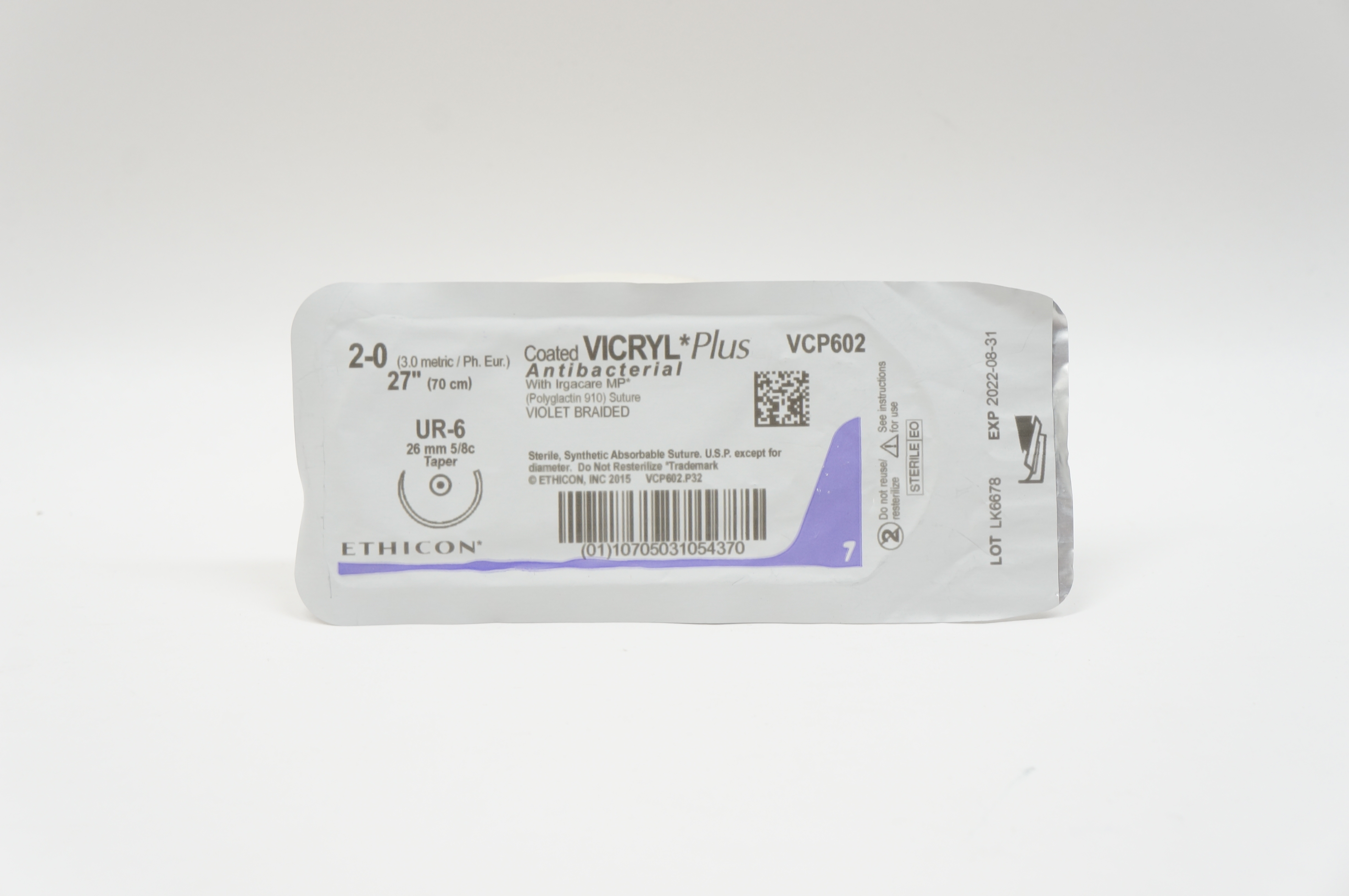 Ethicon VCP602 2-0 VICRYL Plus, UR-6, 26mm 5/8c Taper, 27inch