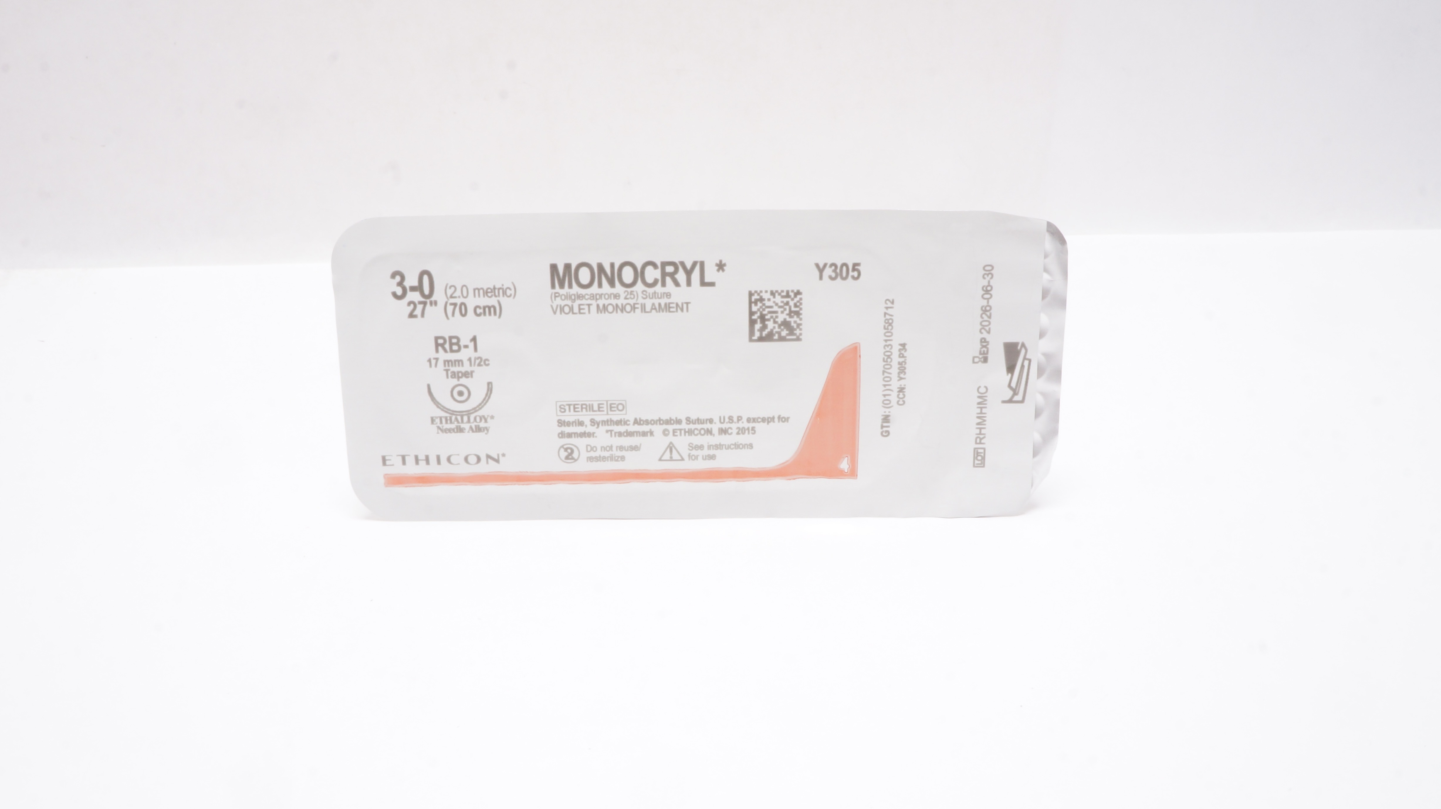 Ethicon Y305 3-0 MONOCRYL Poliglecaprone 25 Stre RB-1 17mm 1/2c Taper 27inch