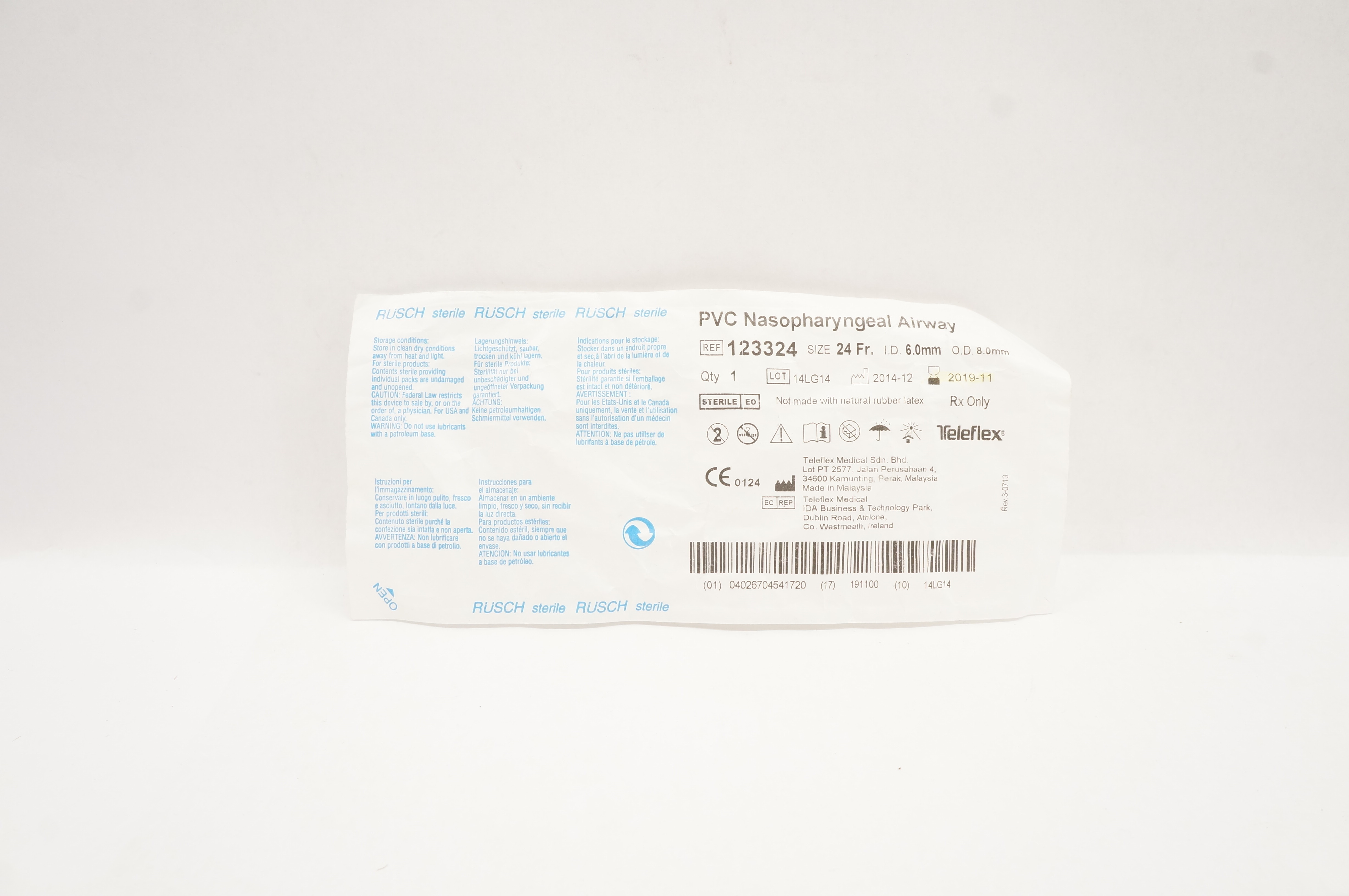 Teleflex 123324 Rusch PVC Nasopharyngeal Airway 24 Fr x 6.0mm ID x 8.0mm OD (x)