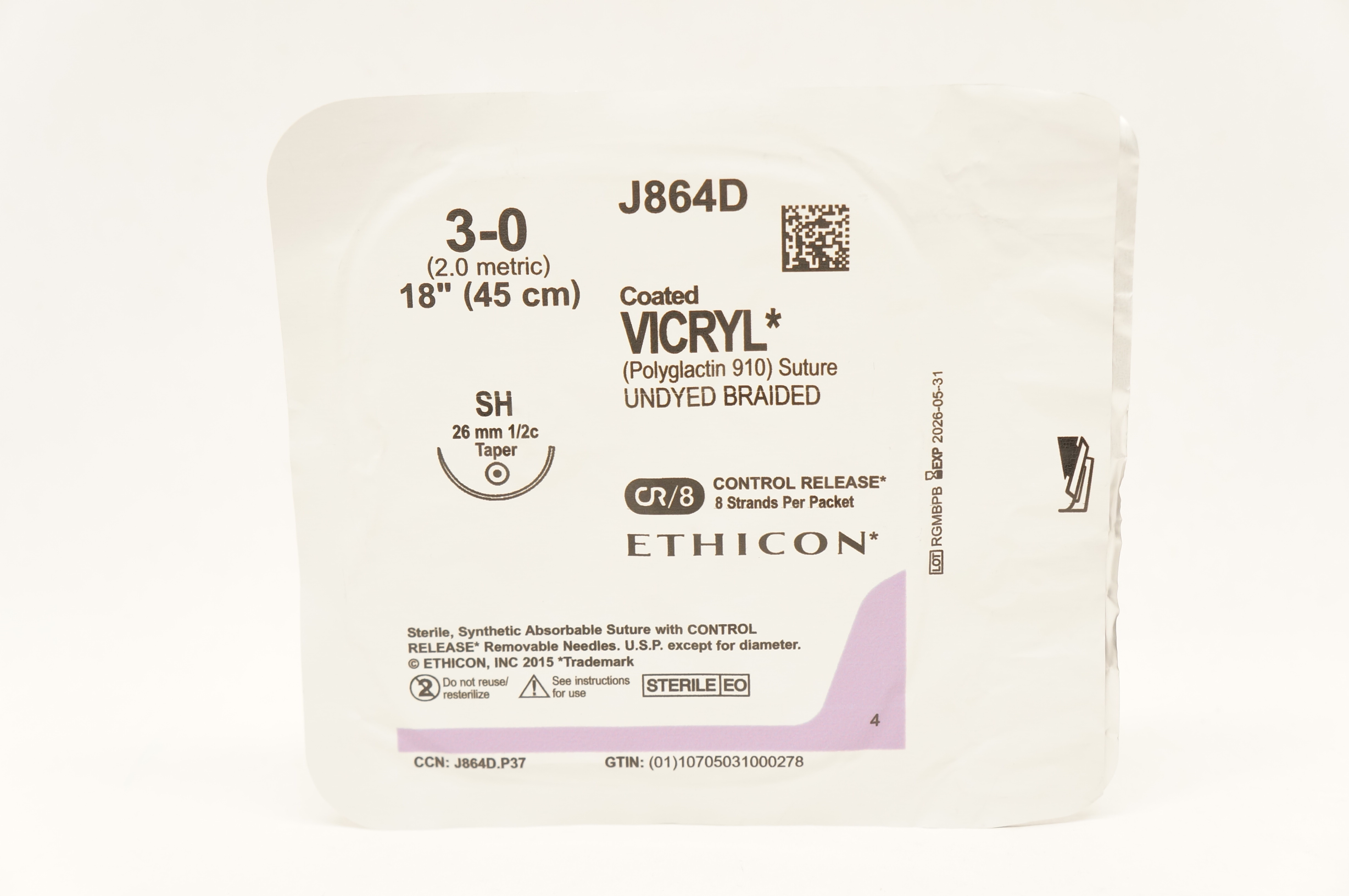 Ethicon J864D 3-0 Coated VICRYL Stre SH 26mm 1/2c Taper 18inch