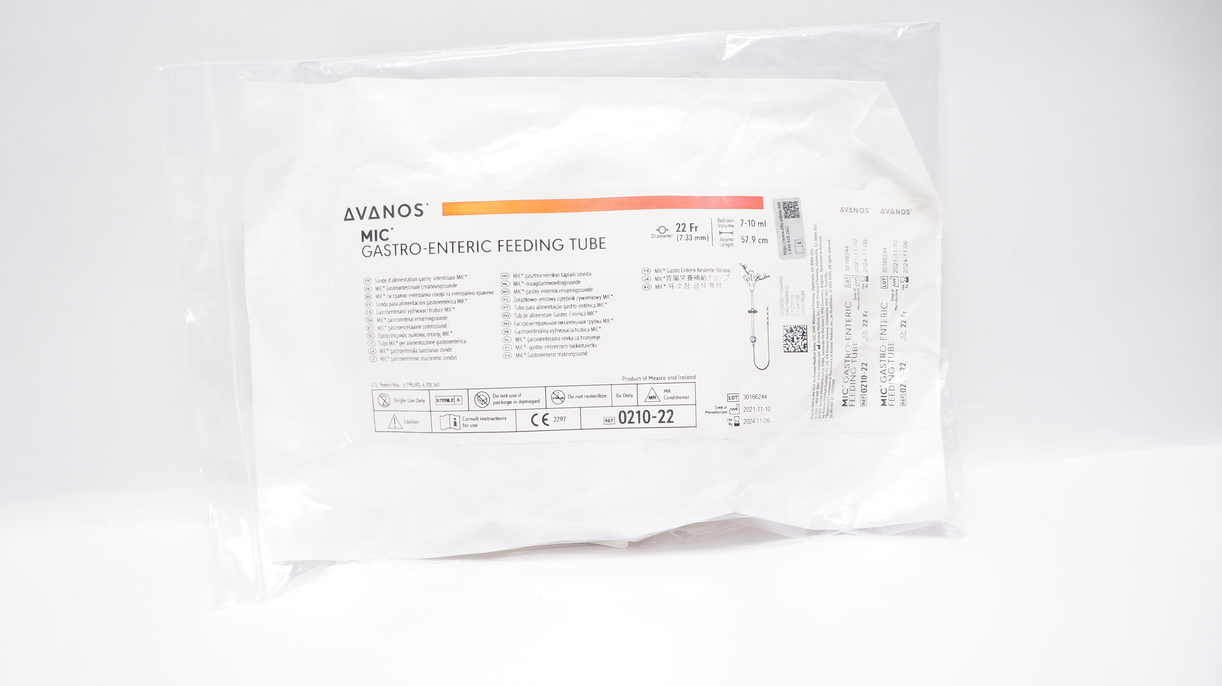 Avanos 0210-22 MIC Gastro-Enteric Feeding Tube, 22Fr x 57.9cm 7-10 ml