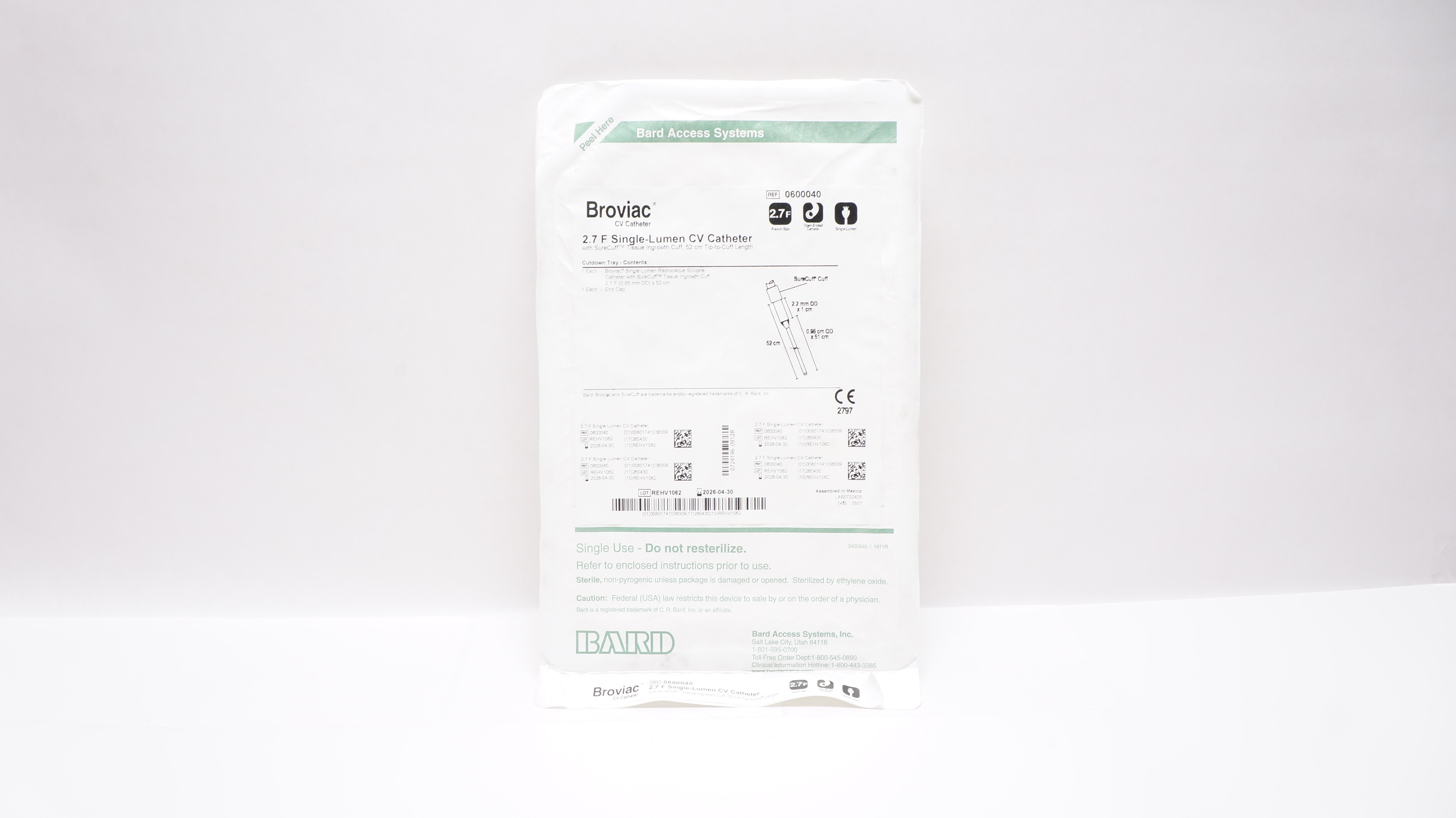 Bard 0600040 Broviac Single-Lumen CV Cath. 2.7F x 52cm