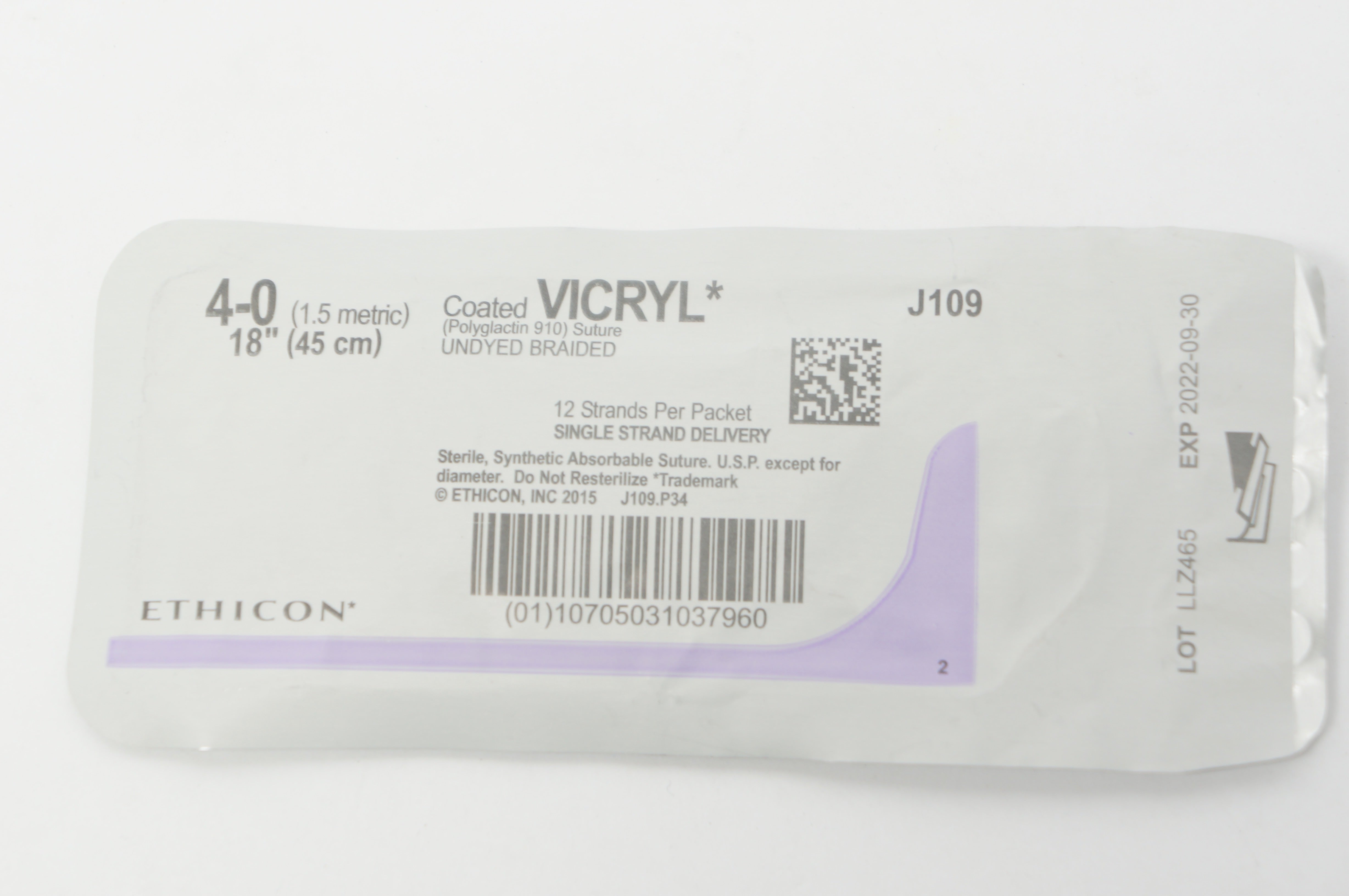 Ethicon J109 4-0 Coated VICRYL Polyglactin 910 Stre Undyed Braided, 18inch (x)