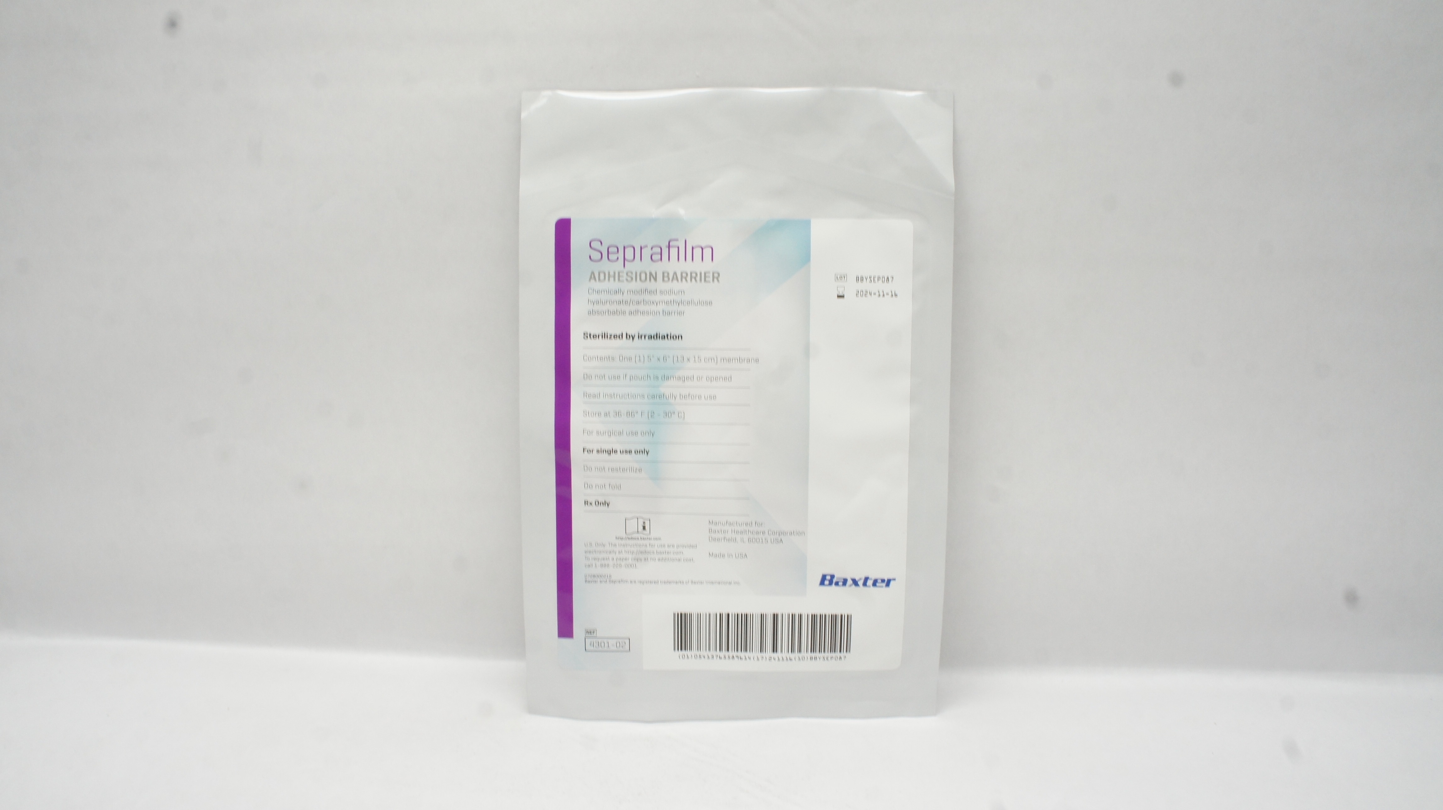 Baxter 4301-02 Seprafilmm Adhesion Barrier 5inch x 6inch Membrane