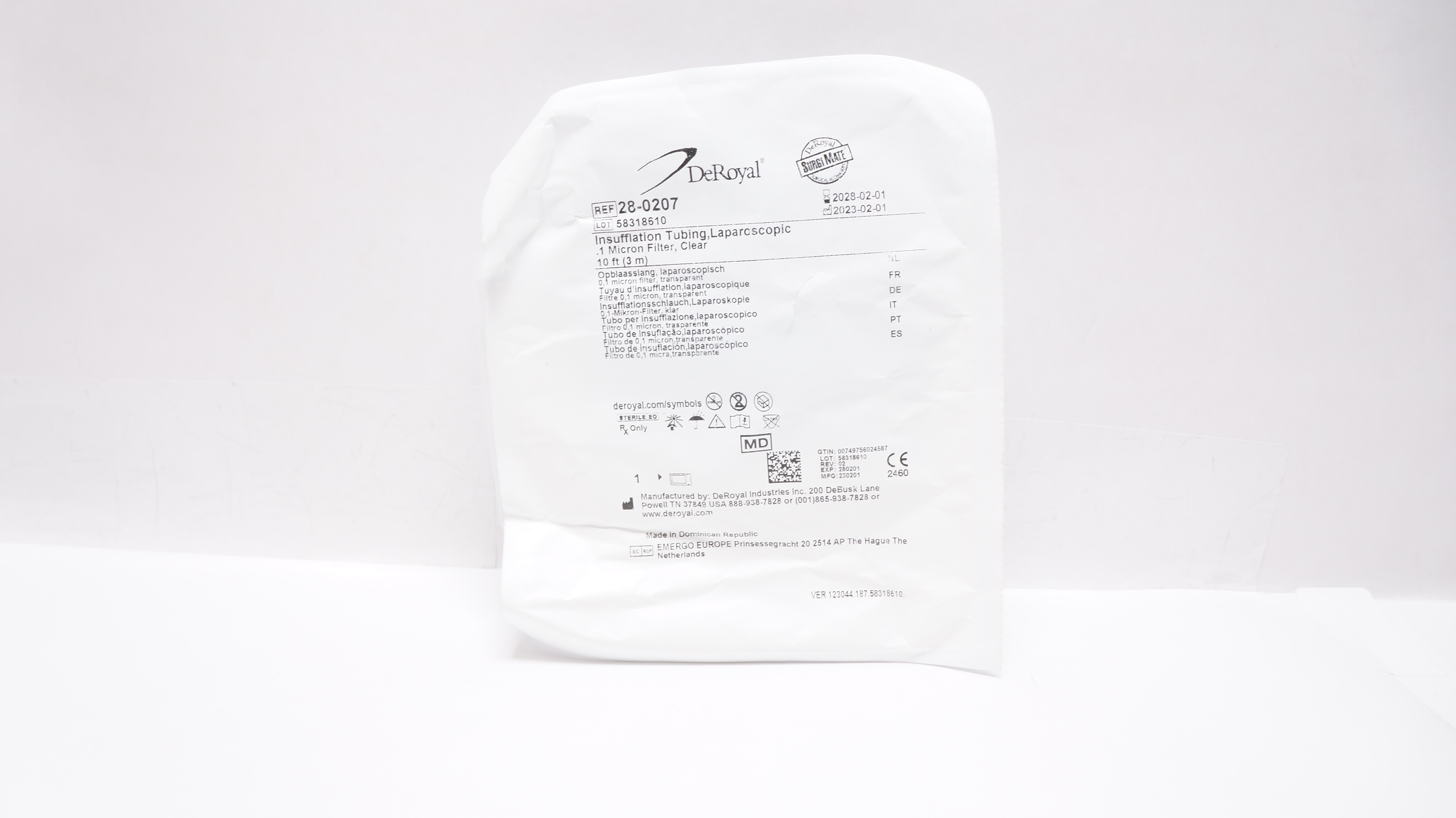 DeRoyal 28-0207 Insufflation Tubing Laparoscopic 1 Micron Filter Clear 10ft