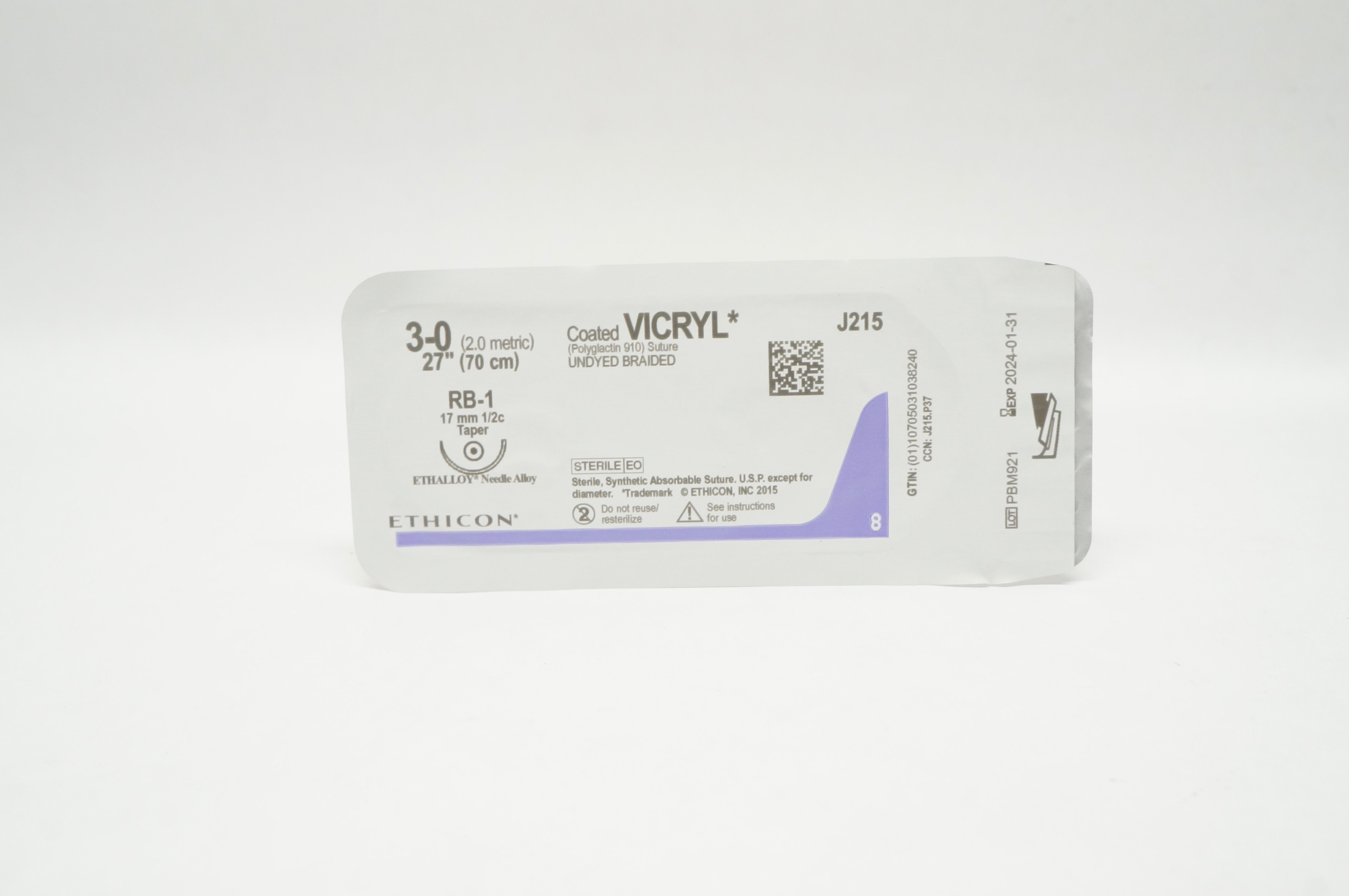 Ethicon J215 3-0 Coated VICRYL Polyglactin Stre RB-1 17mm 1/2c Taper 27inch (x)