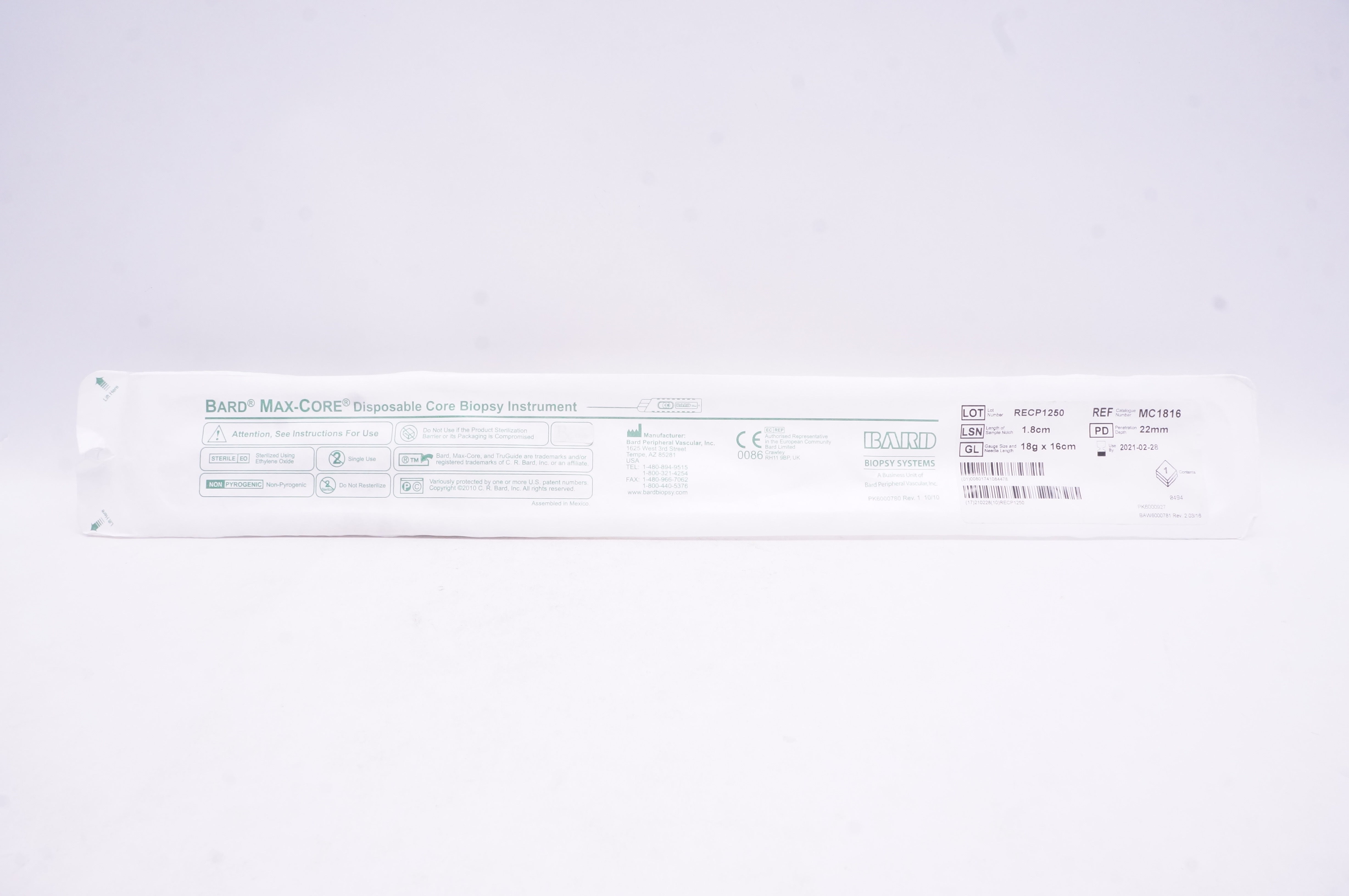Bard MC1816 Max-Core Disposable Core Biopsy Instrument 18G x 16cm (x)