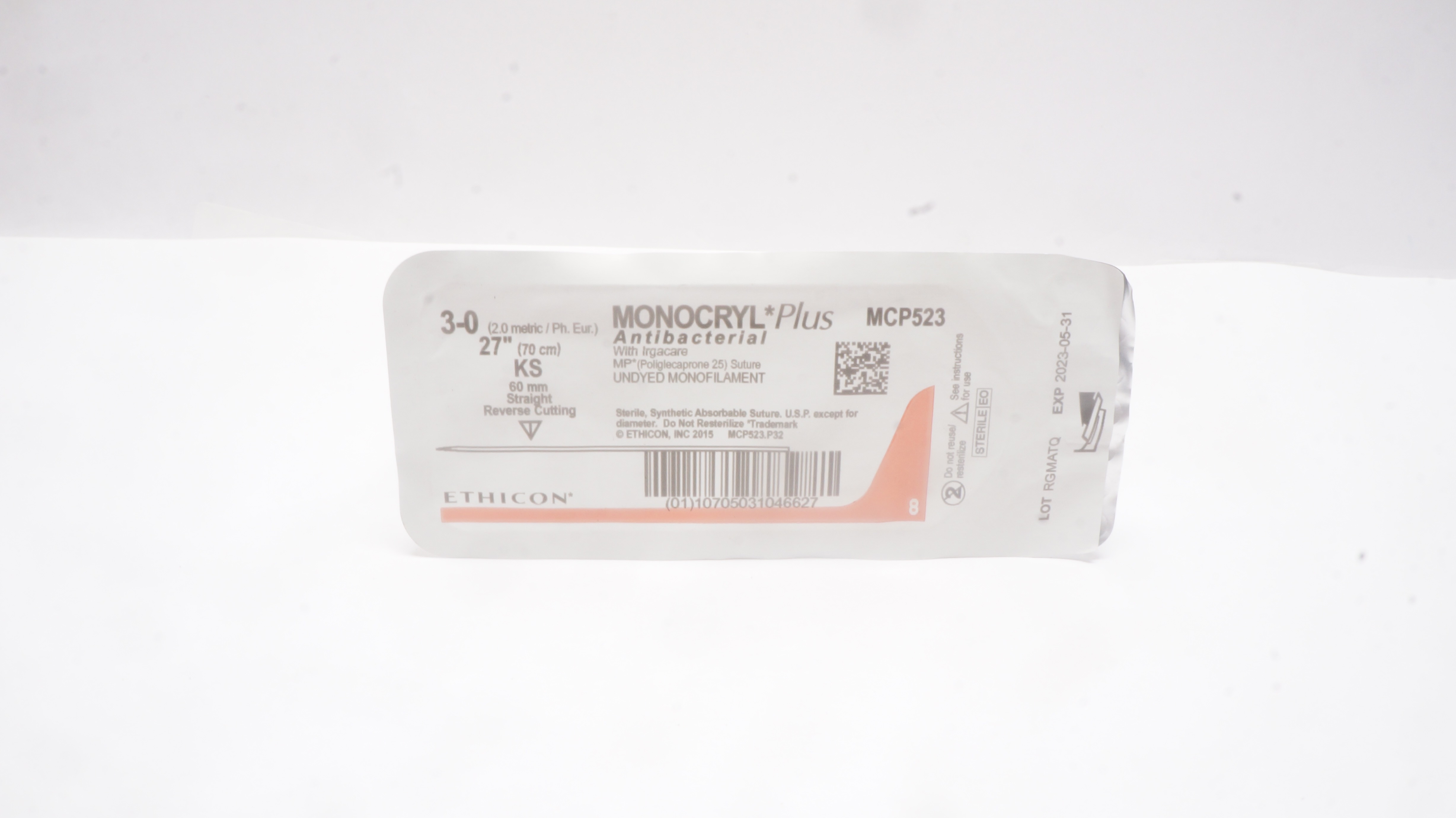 Ethicon MCP523 3-0 MONOCRYL Plus KS 60mm Straight Reverse Cutting, 27inch (x)