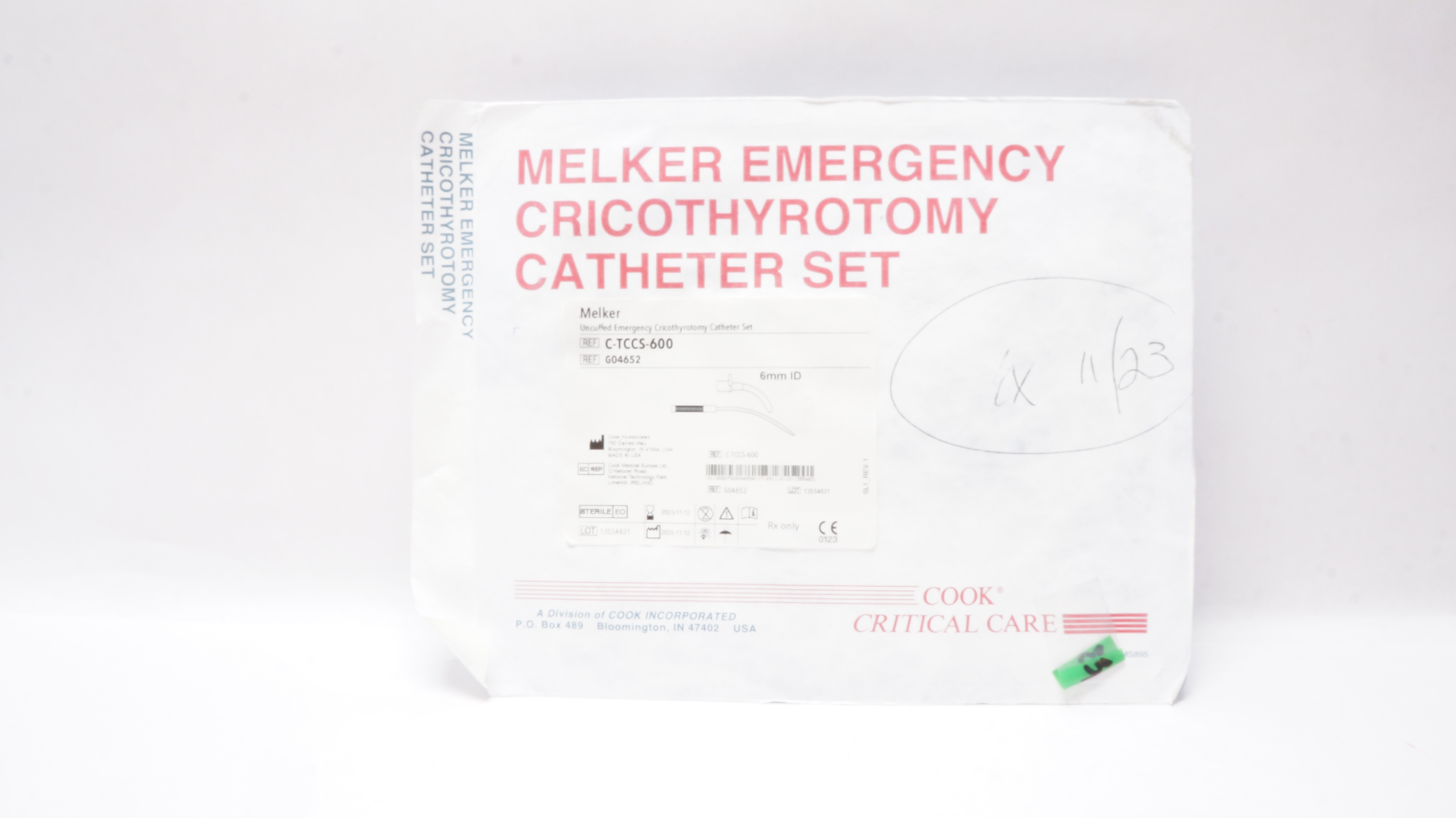 Cook Medical G04652 Melker Uncuffed Emergency Cricothyrotomy Cath. Set 6mm ID(x)