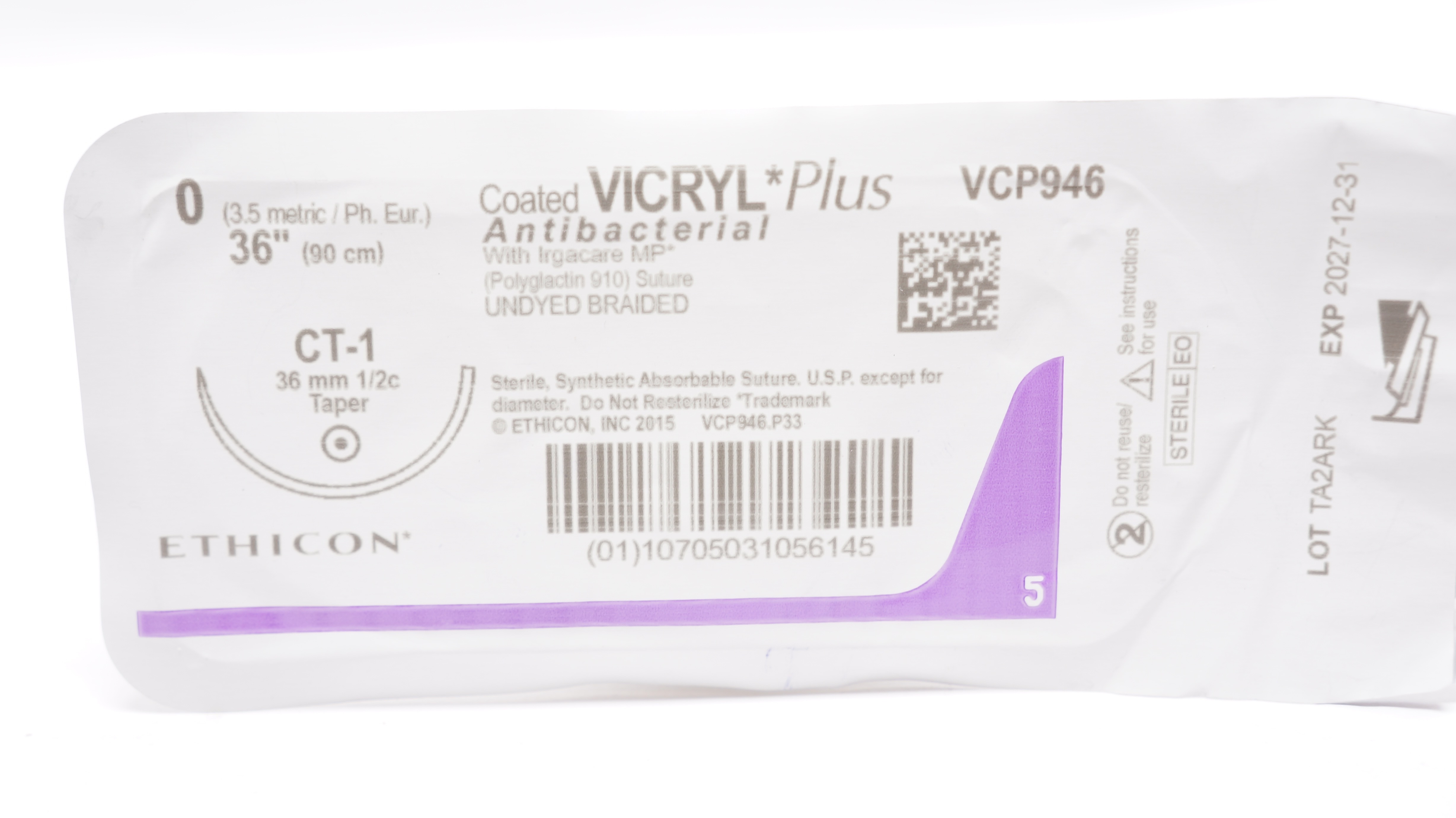 Ethicon VCP946 0 VICRYL Plus Antibacterial Stre CT-1 36mm 1/2c Taper, 36inch