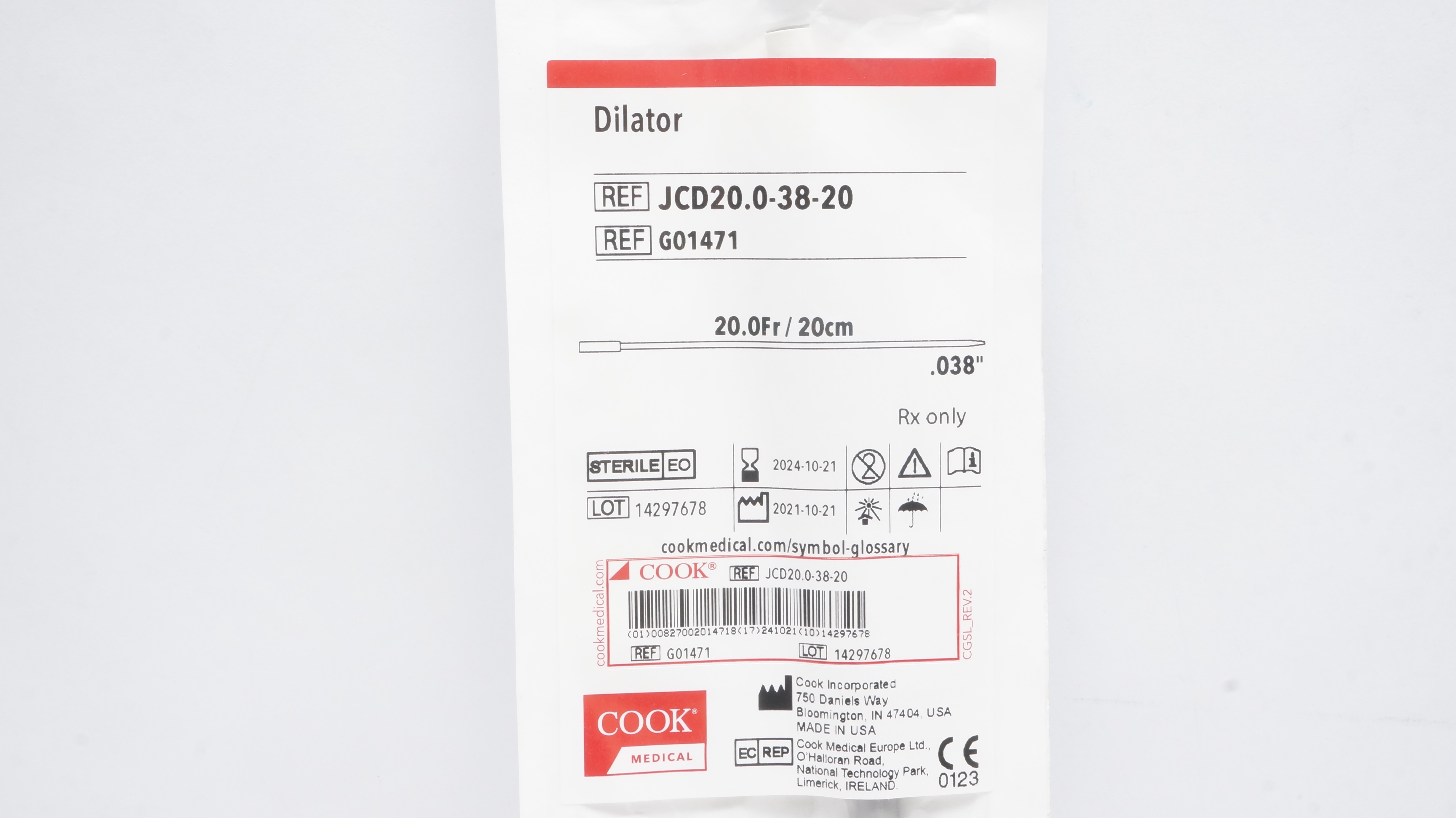 Cook Medical G01471 Dilator 20.0Fr/20cm x .038inch (x)