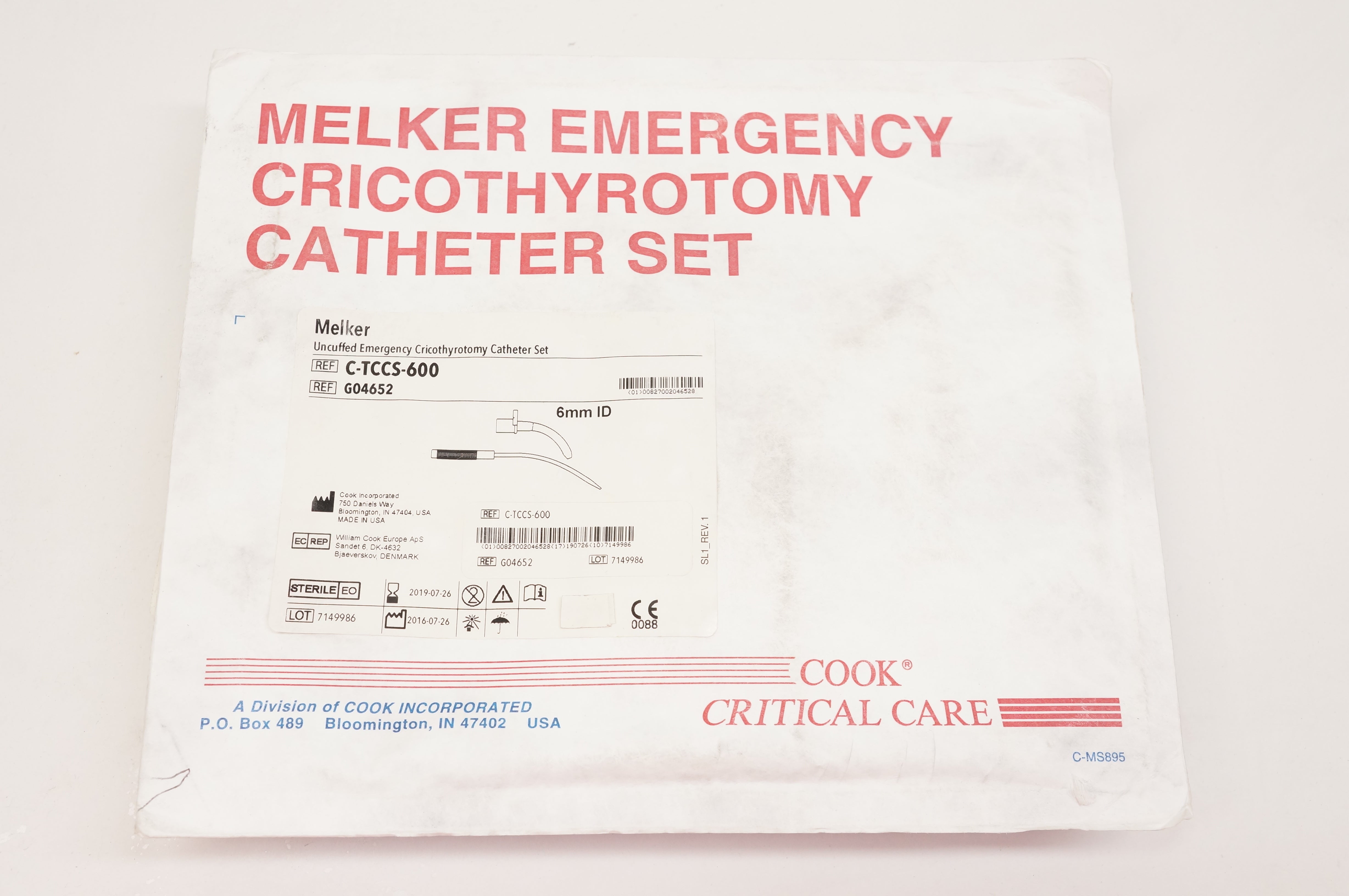 Cook G04652 Melker Uncuffed Emergency Cricothyrotomy Cath. Set 6mm ID (x)