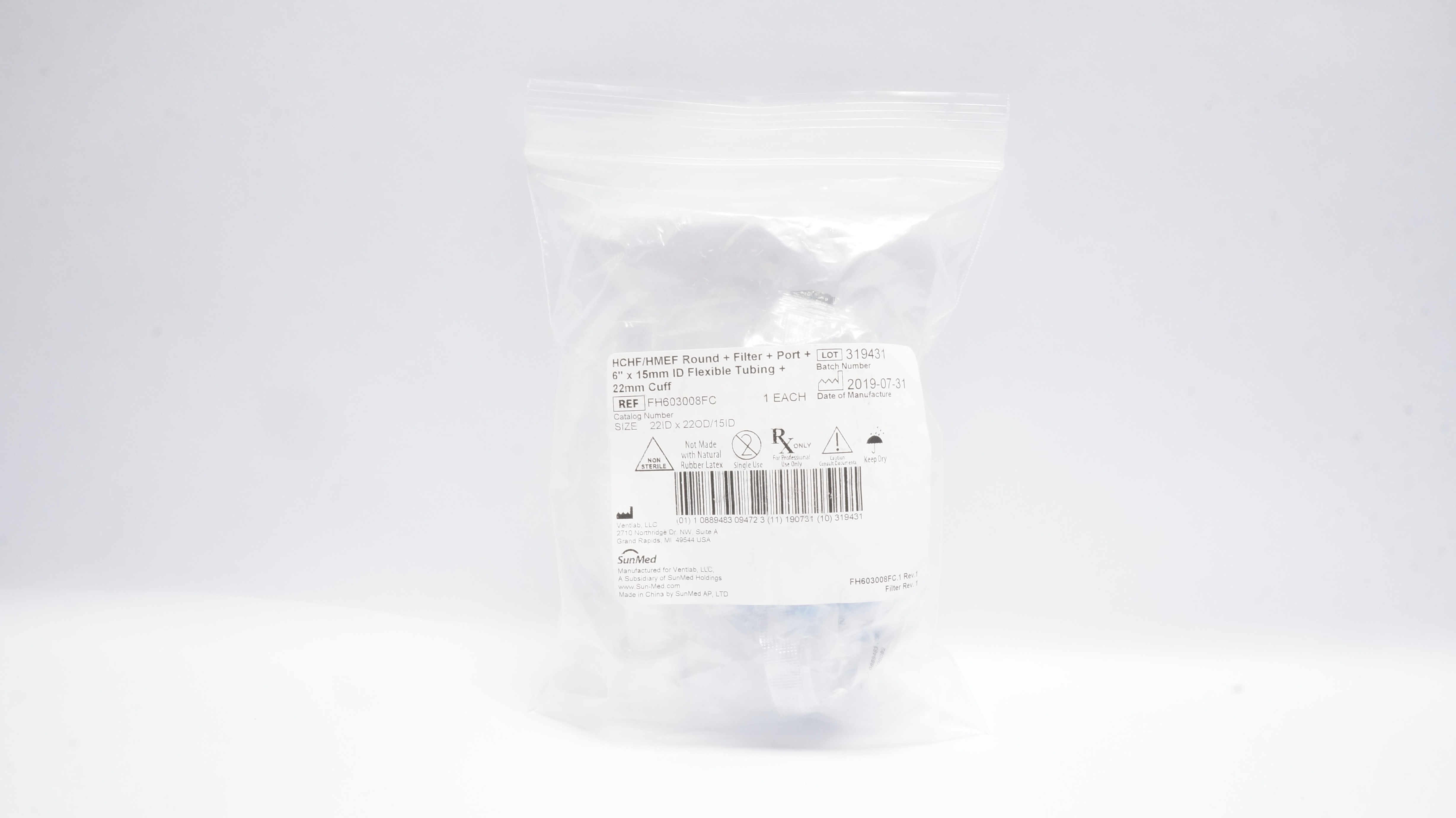 SunMed FH603008FC HCHF/HMEF Round+Filter+Port+6in x 15mm ID Flexible Tubing