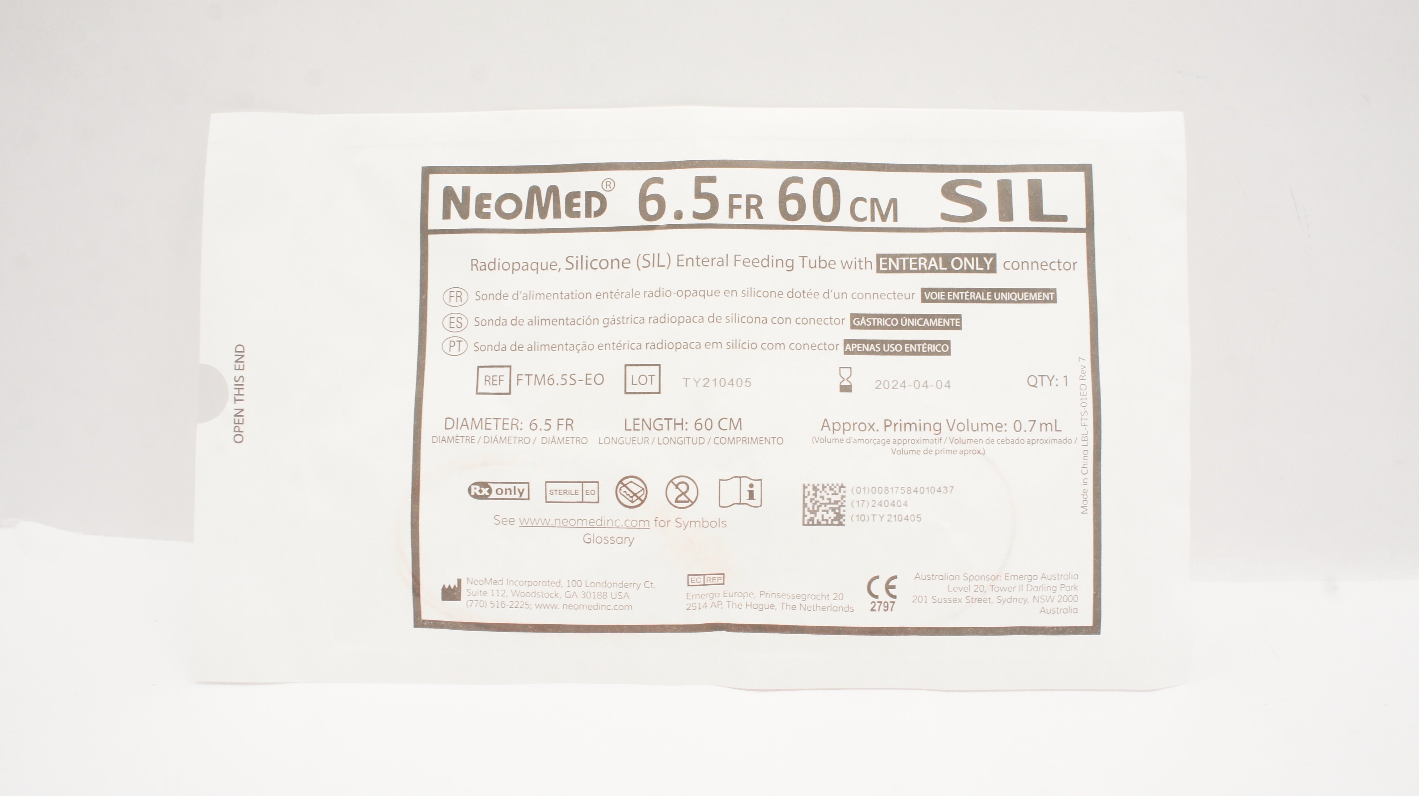 NeoMed FTM6.5S-EO Radiopaque SIL Enteral Feeding Tube 6.5.0Fr. x 60cm