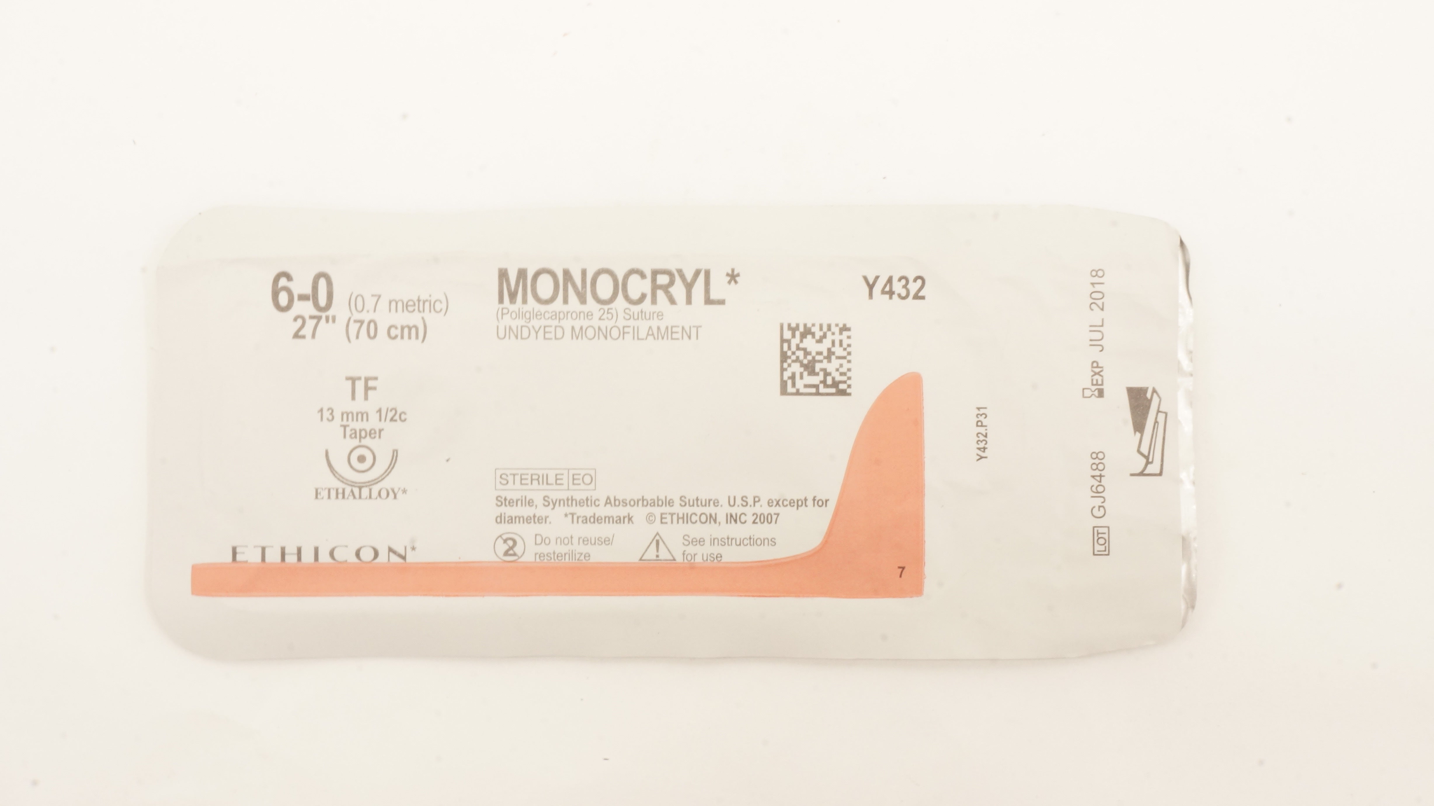 Ethicon Y432 6-0 MONOCRYL Stre Undyed TF 13mm 1/2c Taper, 27inch (x)
