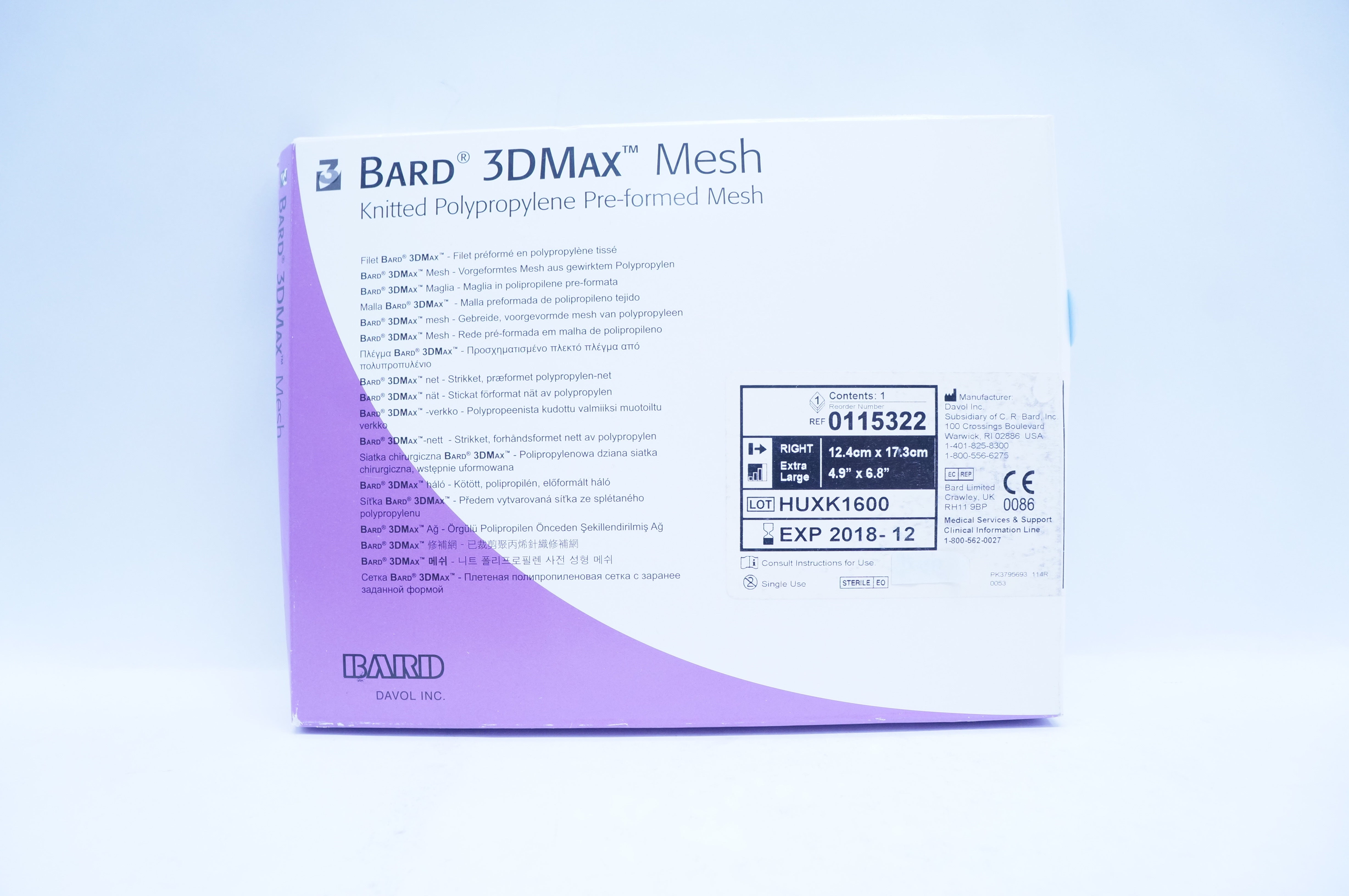 Bard 0115322 Davol 3DMax Mesh, Right, Extra Large, 4.9inch x 6.8inch (x)